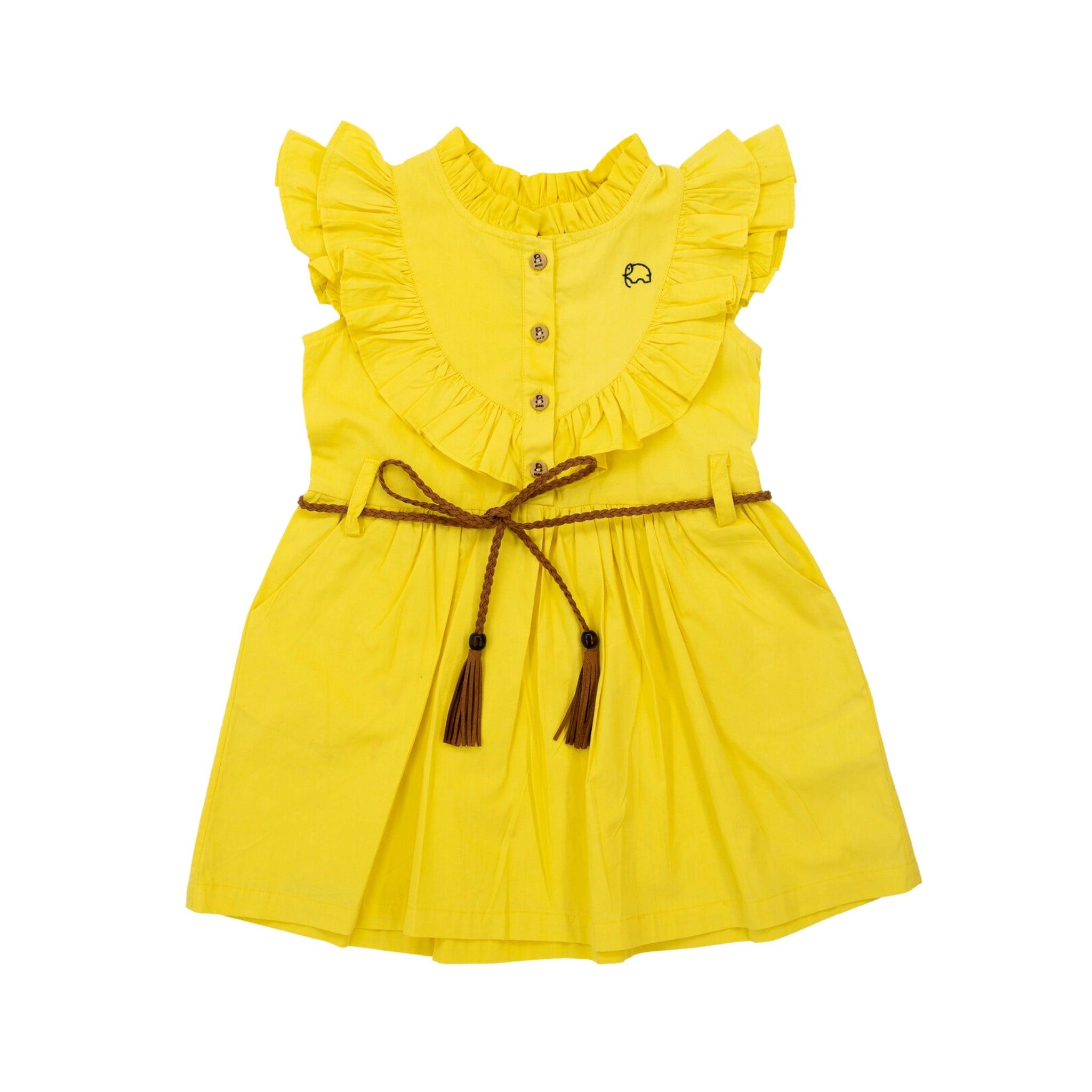 Yellow Butterfly Sleeve Cotton Dress For Girls by Karee, with button-up front and a tasseled tie waist, isolated on a white background.