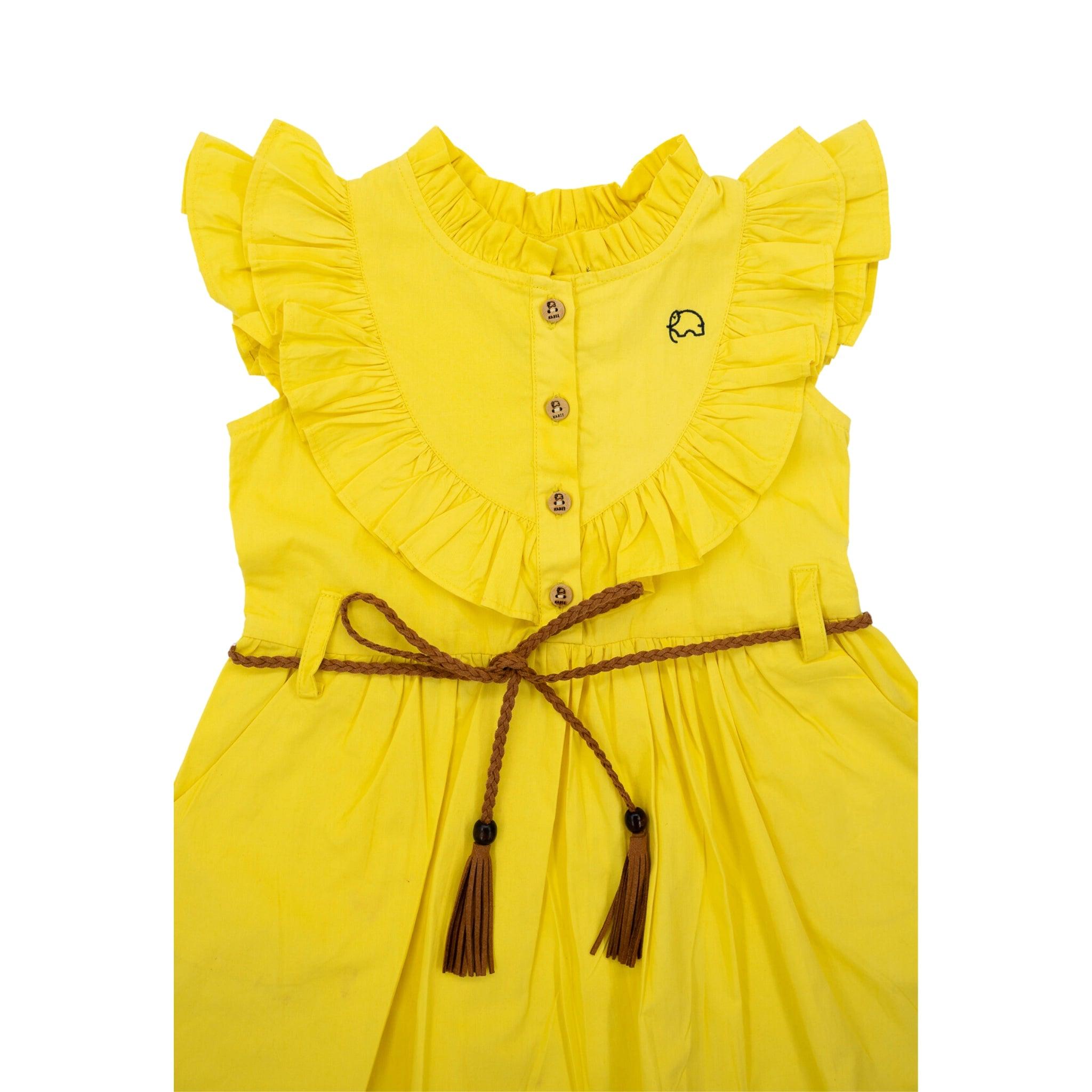 Bright Karee yellow children's dress with butterfly sleeves and a brown tassel belt, displayed against a white background.