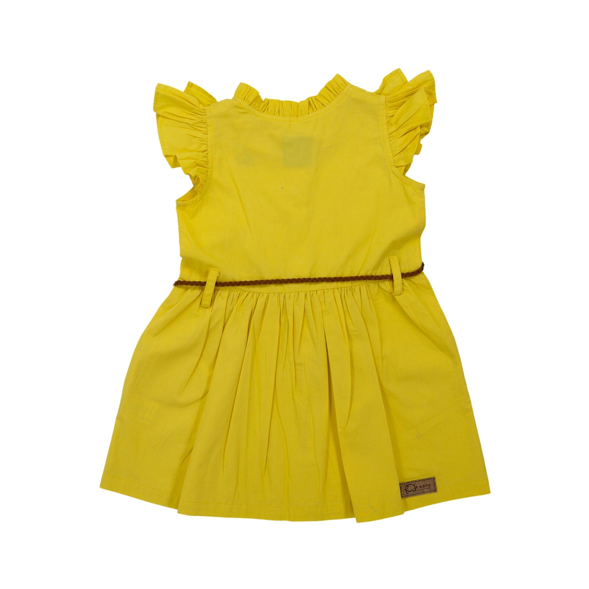 Yellow Karee toddler cotton dress with butterfly sleeves and a brown belt, displayed against a plain white background.
