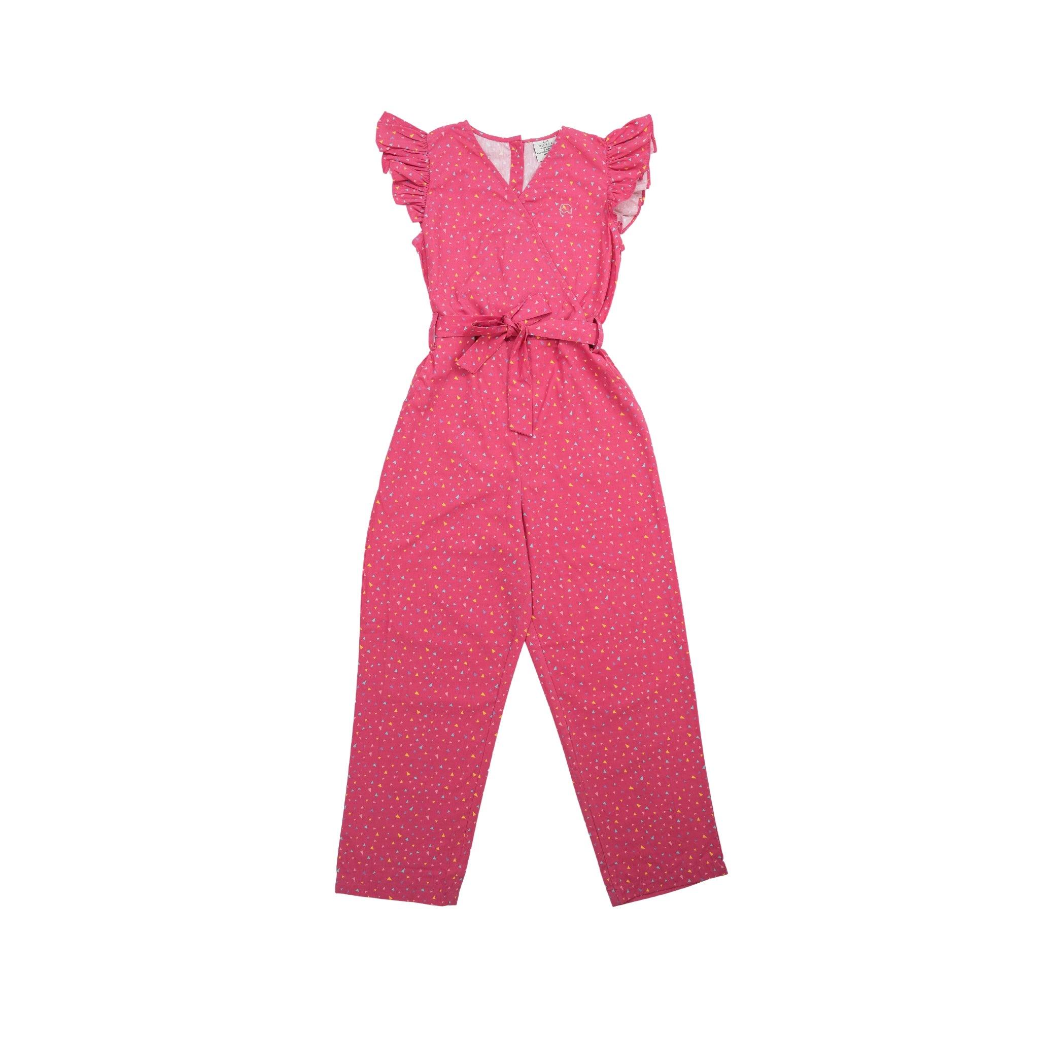 Red Rose cotton jumpsuit in pink with polka dots, featuring ruffled sleeves and a waist tie, displayed against a white background.