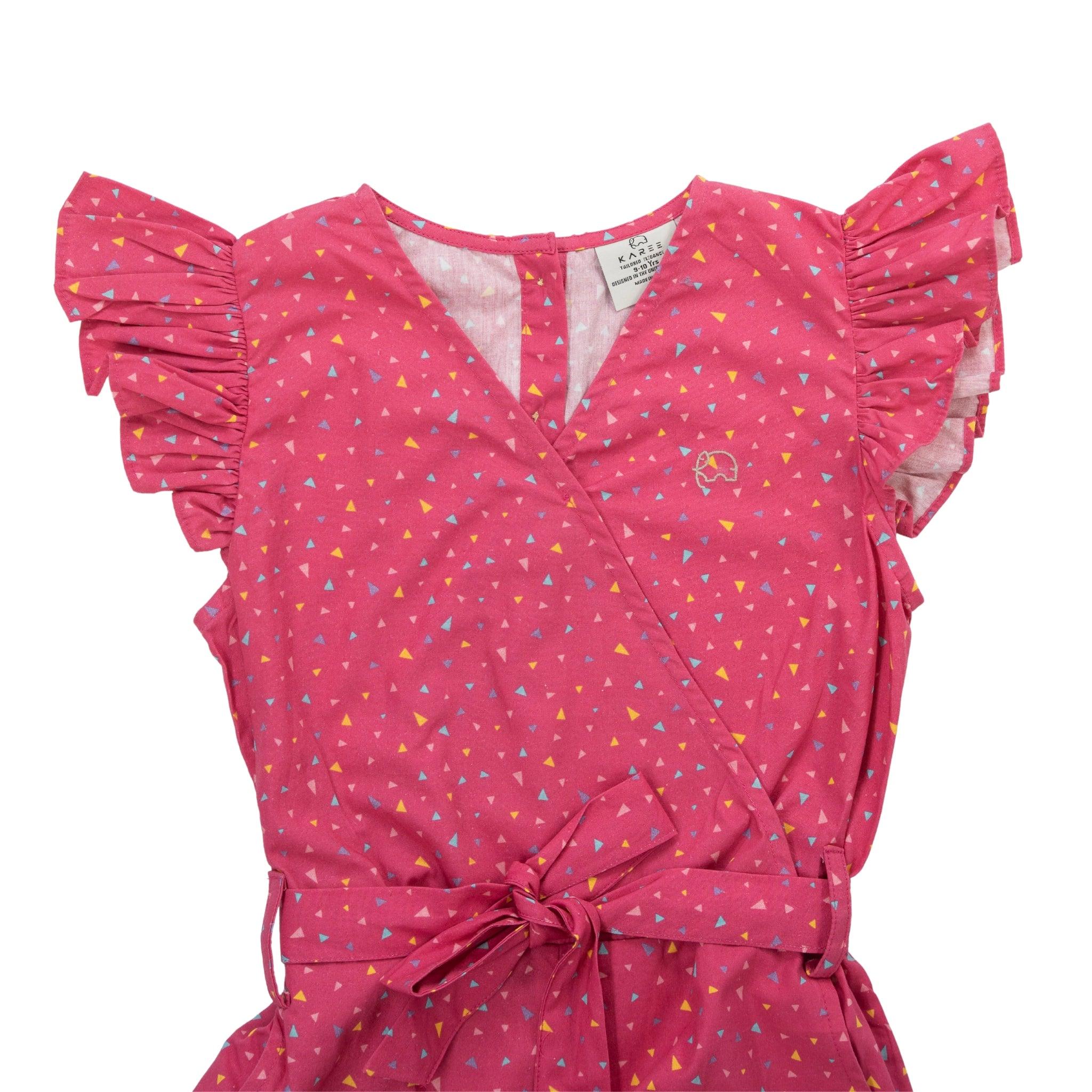 Red Rose Cotton Jumpsuit for Girls by Karee, with ruffle sleeves and yellow triangle patterns, isolated on a white background.