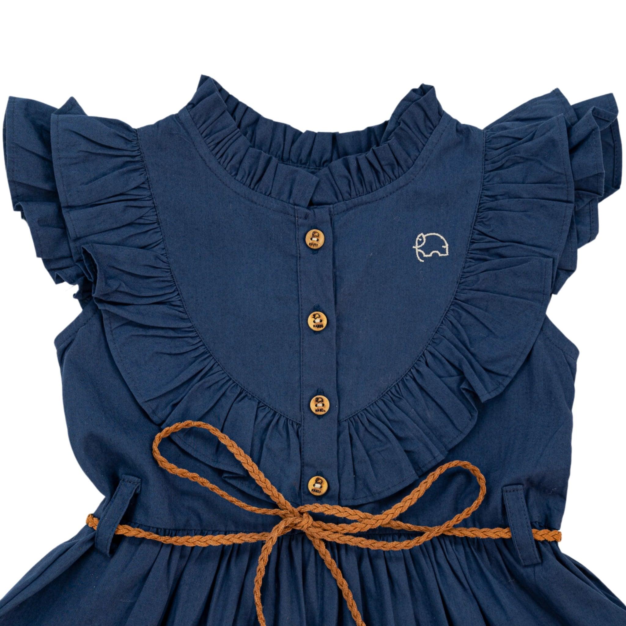 Karee Navy Blue Butterfly Sleeve Cotton Dress with front button closure and a braided brown belt, isolated on a white background.