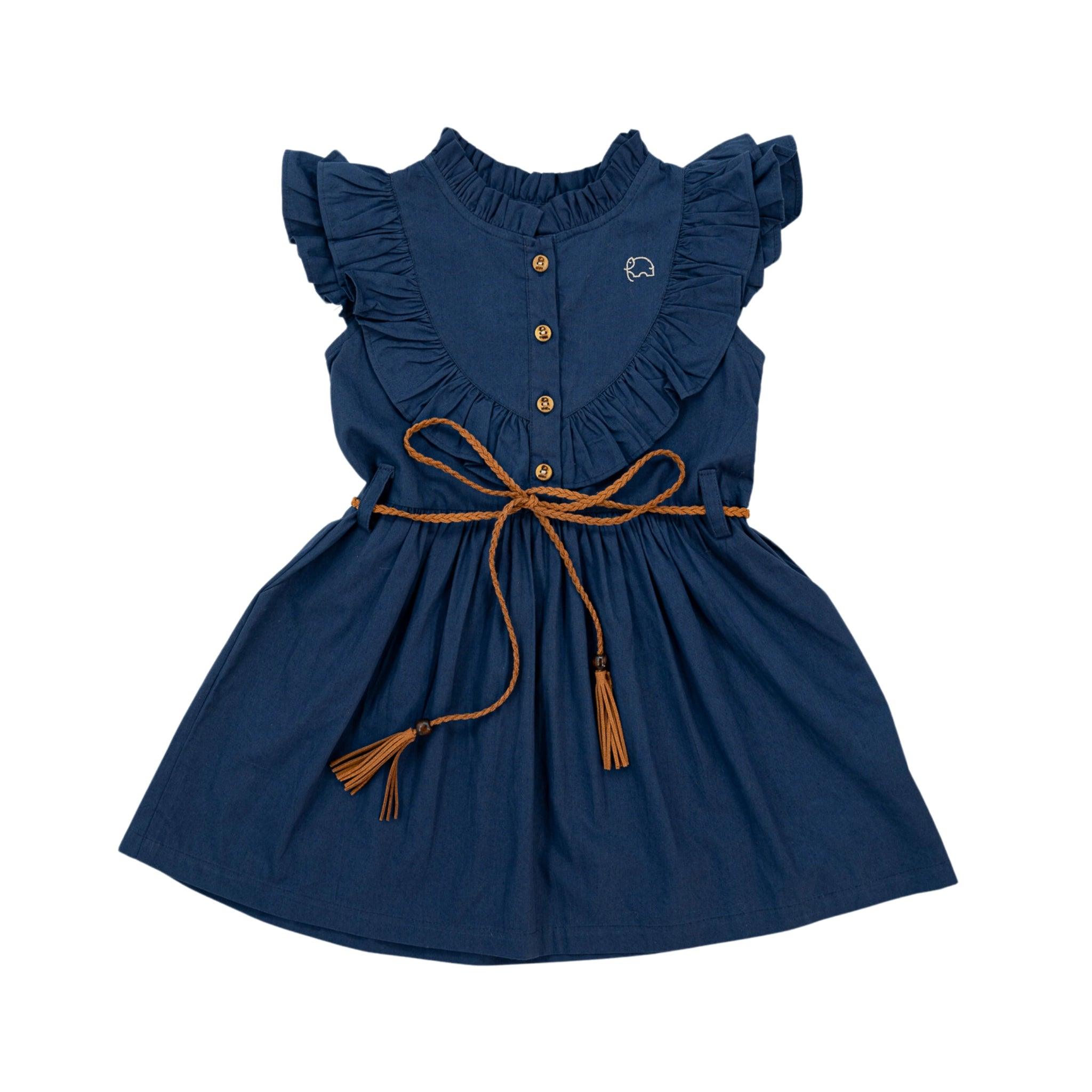 An eco-friendly Karee Navy Blue Butterfly Sleeve Cotton Dress, adorned with ruffles and tassels.