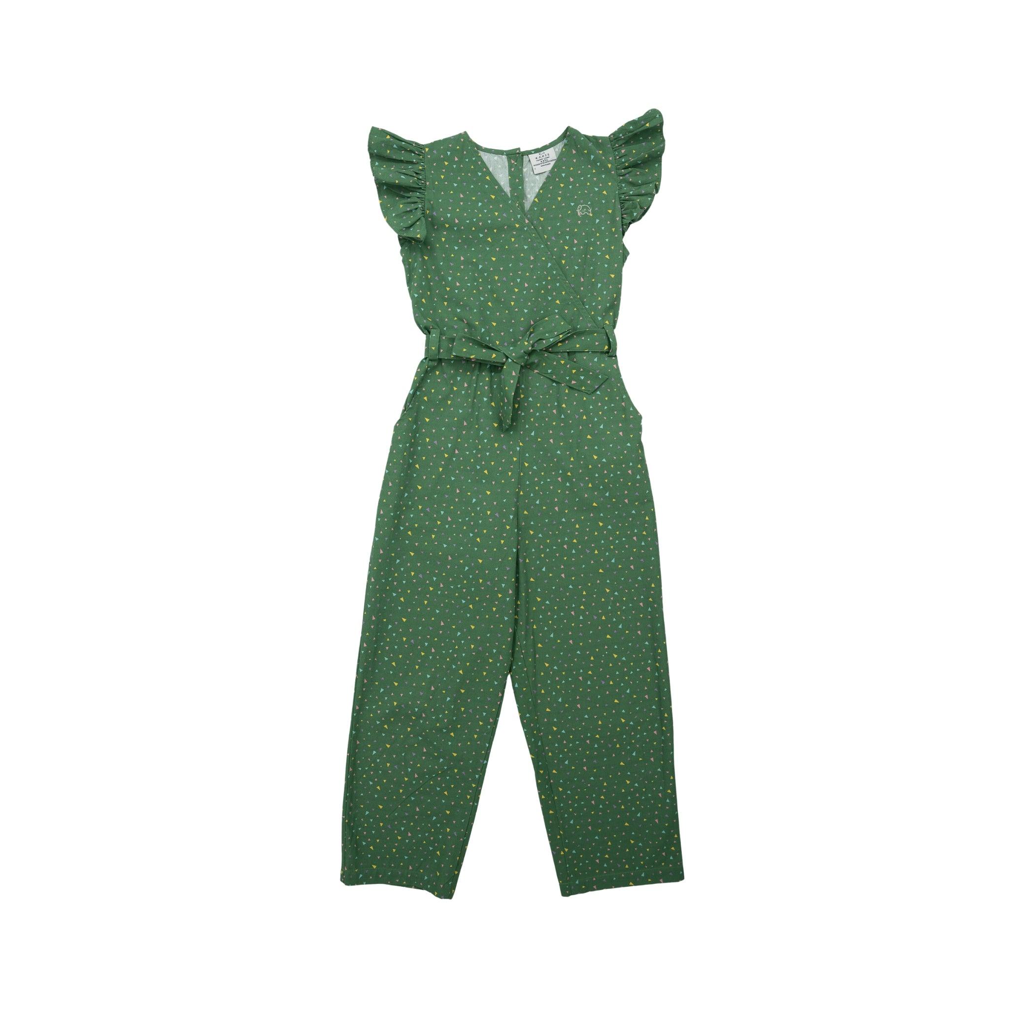 Karee's Green Confetti Cotton V-Neck Jumpsuit for Kids with polka dots, featuring ruffled sleeves and a waist tie, displayed against a white background.