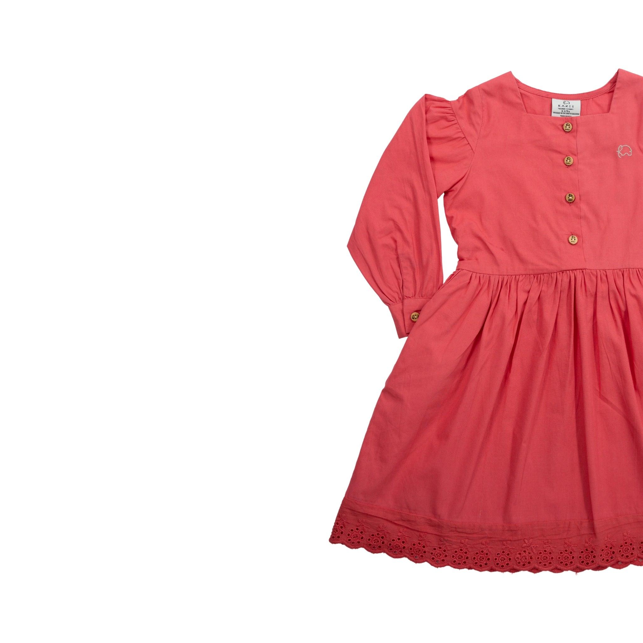 Coral-colored toddler dress with long puff sleeves, round neckline, button-up front, and lace trim, isolated on a white background. would be replaced with Red Long Puff Sleeve Cotton Dress from Karee.