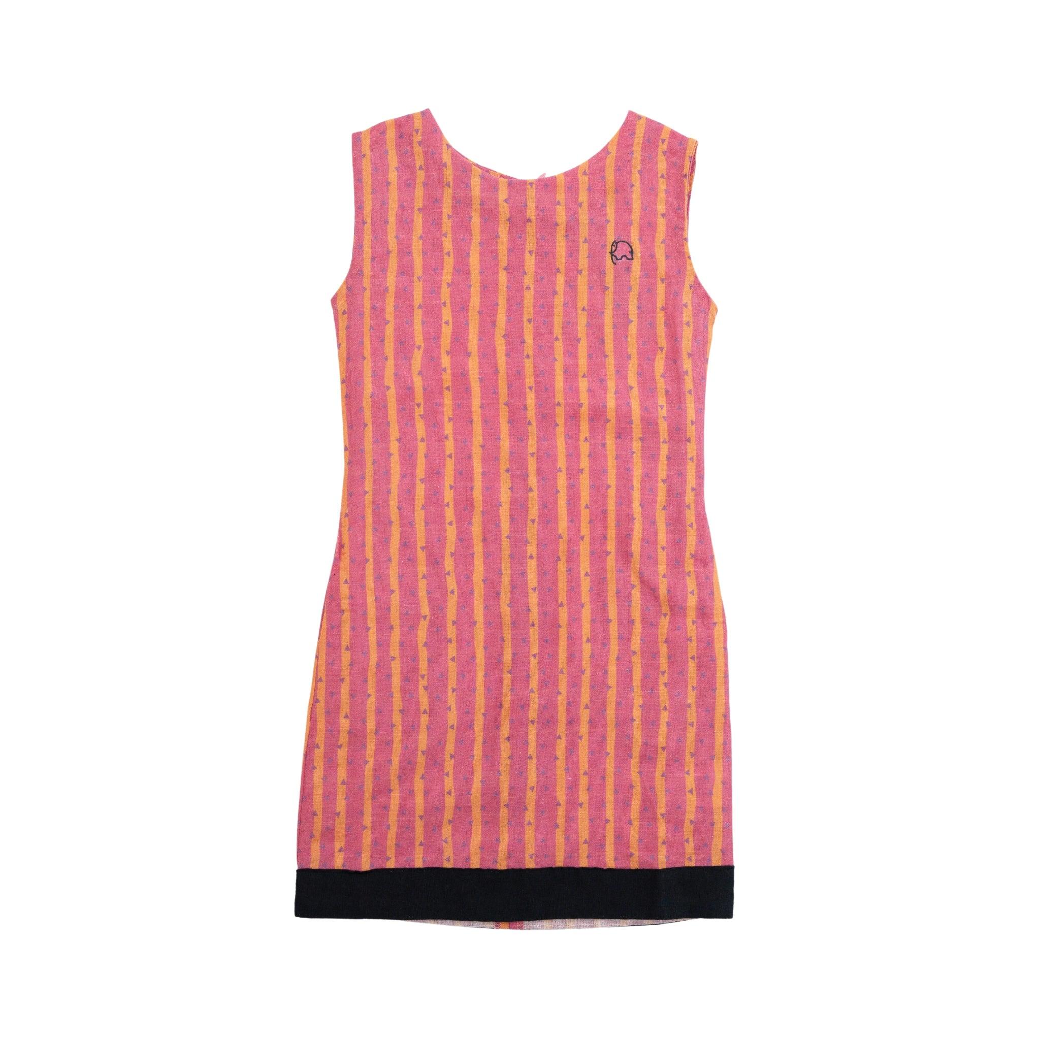 A pink and orange striped Linen Cotton Round Neck Frock for Kids in Lilac Rose by Karee.