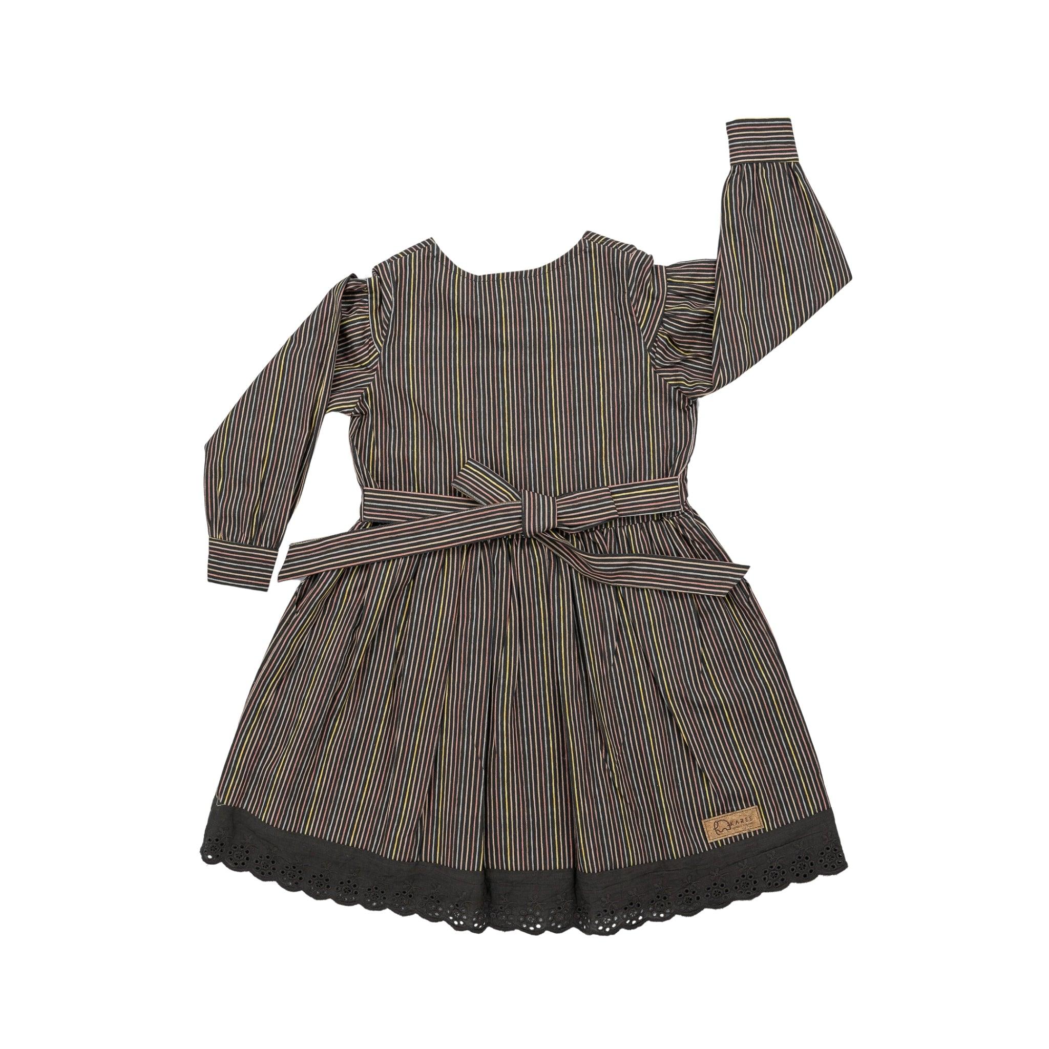 Black Striped Karee children's dress with long sleeves and a lace hem, displayed flat against a white background.