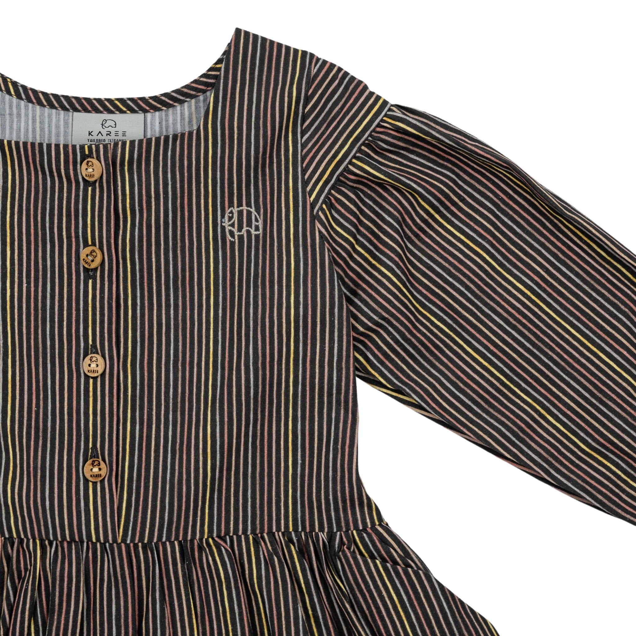 Karee's Black Striped Full sleeve Cotton Dress with long sleeves, button front, and monogram detail on the chest.