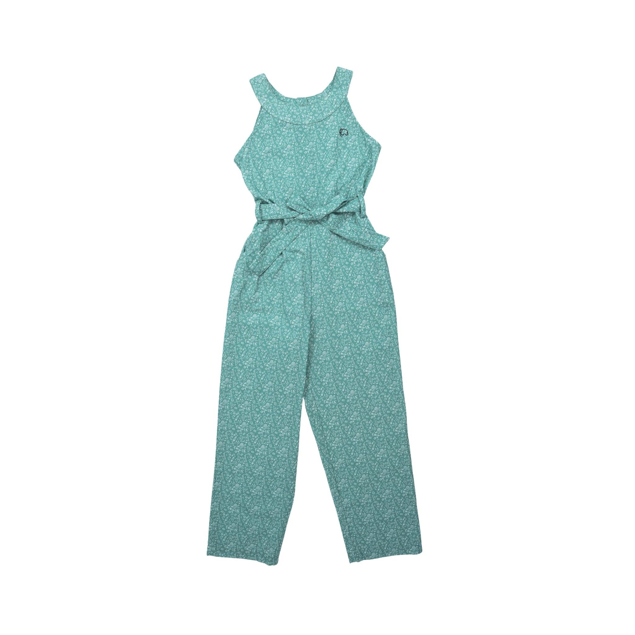 A Smoke Green Cotton Jumpsuit For Girls by Karee with a subtle pattern, featuring a sleeveless top, tie waist, and straight-leg pants, crafted from eco-friendly cotton and displayed flat against a white background.