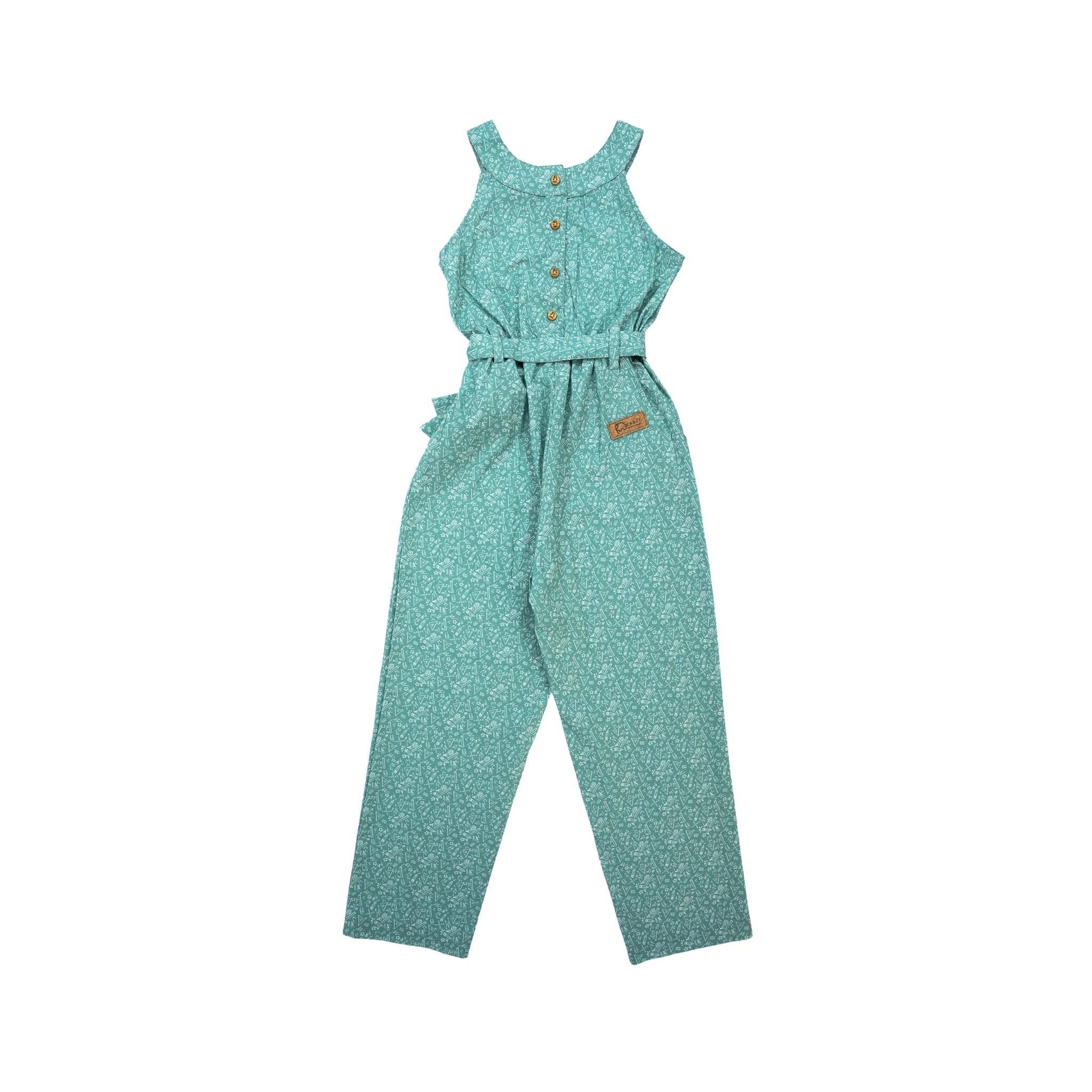 Sleeveless Karee smoke green cotton jumpsuit for girls with small floral pattern, featuring front buttons and a cinched waist with a tie belt.