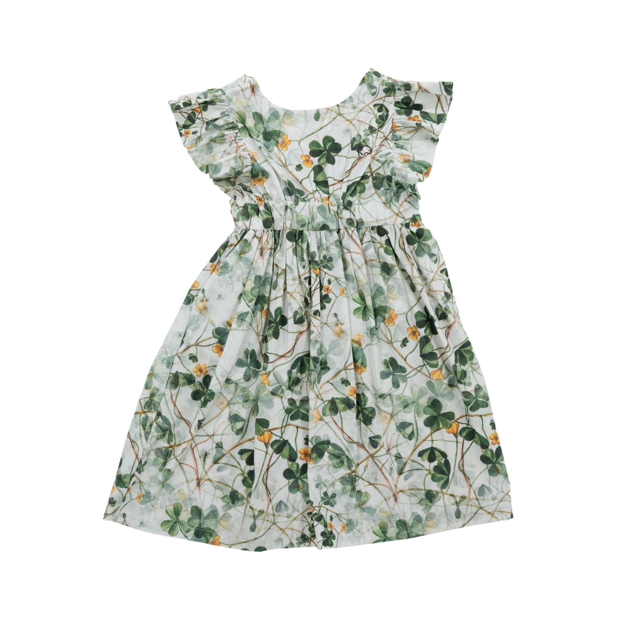 A Karee green floral cotton dress for girls with short sleeves and waist ribbon, isolated on a white background.