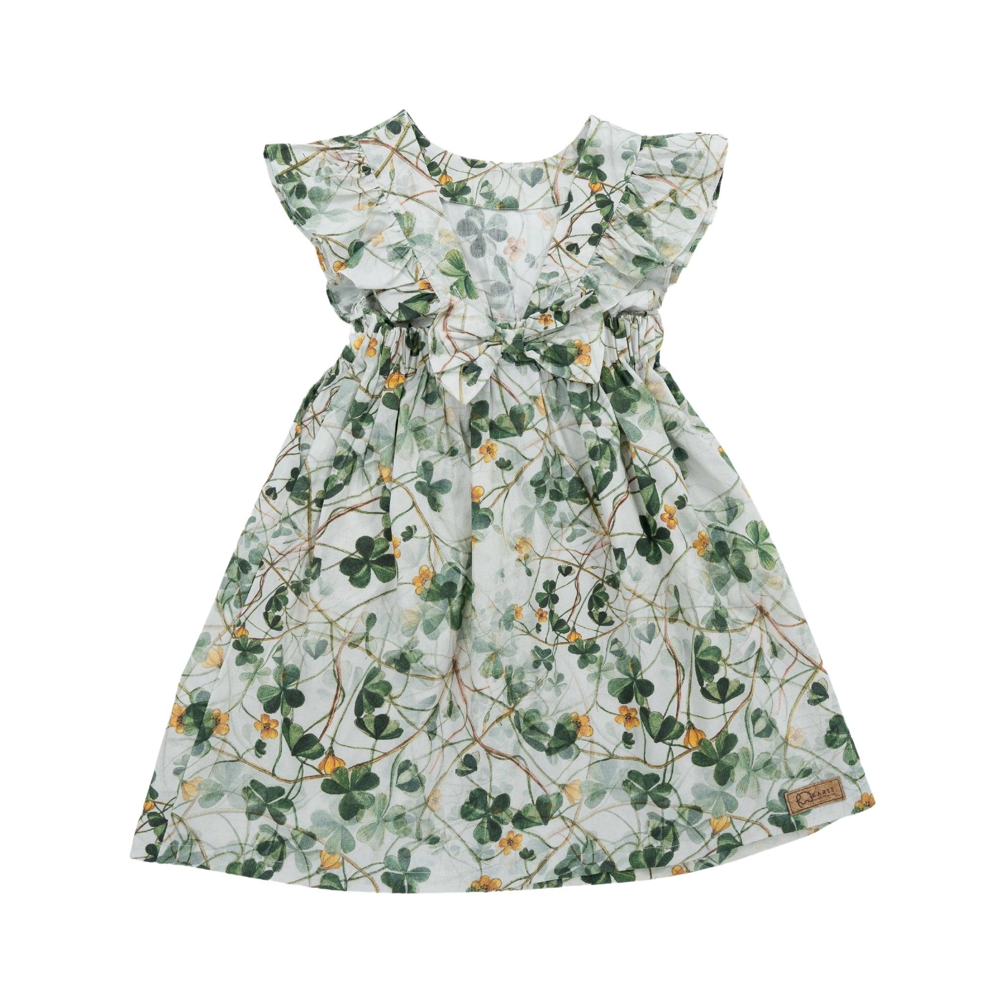 A Karee green floral cotton dress for girls with ruffled sleeves and a cinched waist, displayed against a white background.