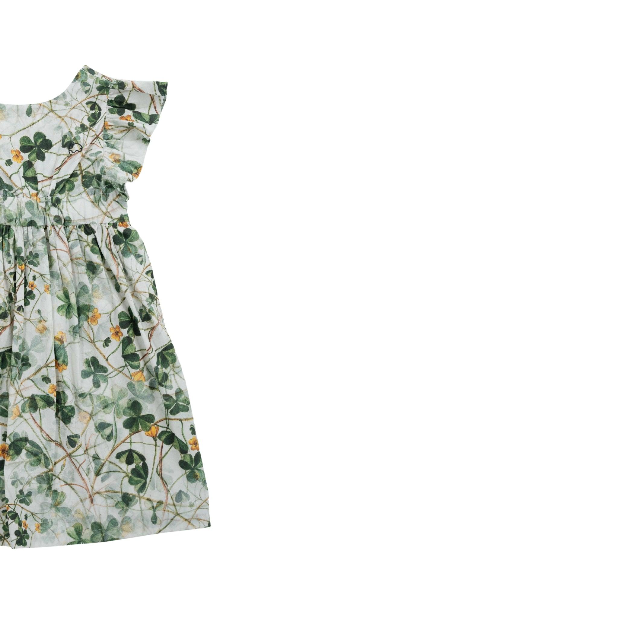 A Karee green floral patterned cotton dress for girls with a ruffled skirt and short sleeves, displayed on a plain white background.