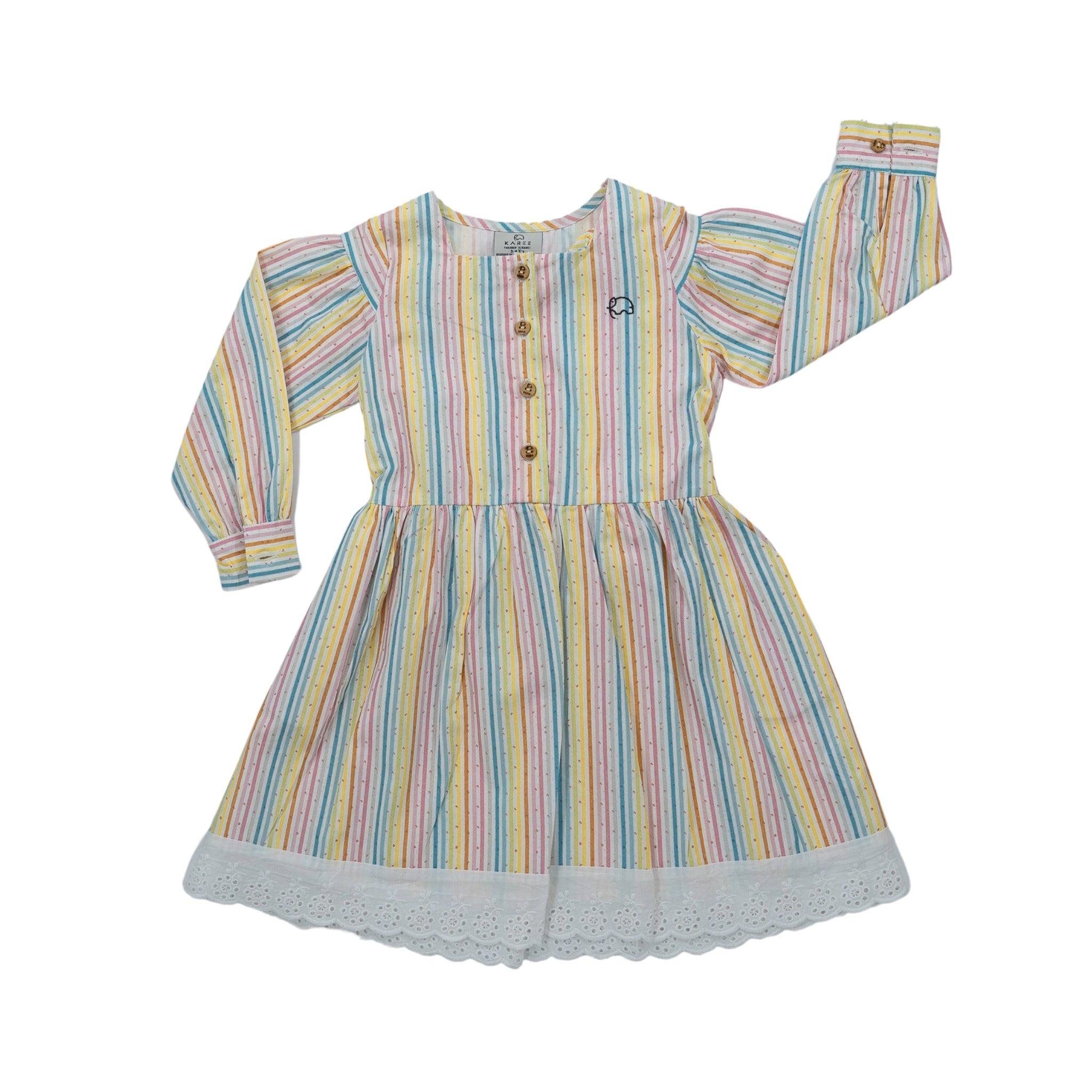 A multicolored striped children's dress with long puff sleeves, buttons down the front, and white lace trim at the hem by Karee.