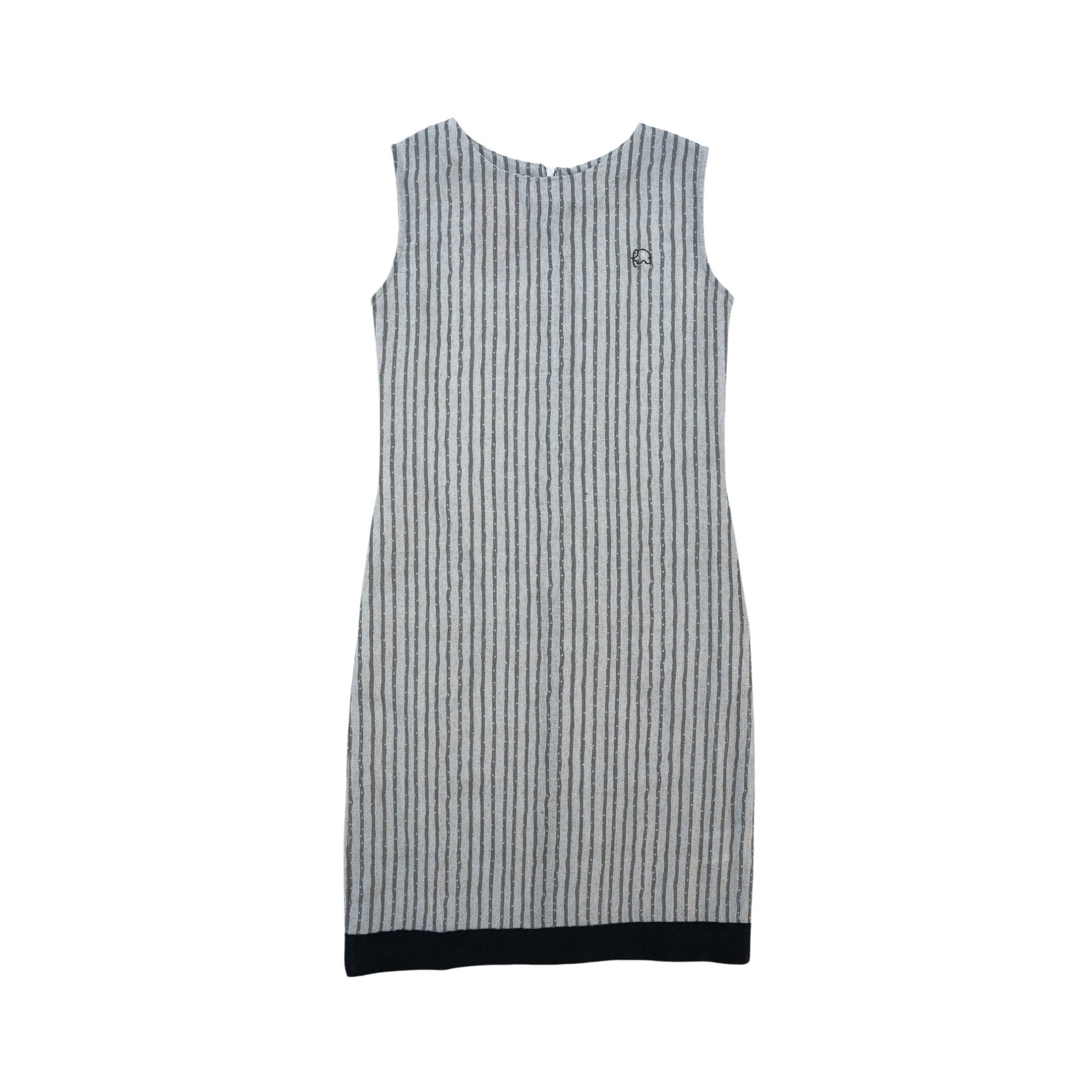 Sleeveless, Karee linen cotton round neck frock for kids in steel grey with contrasting black hem, displayed on a plain white background.