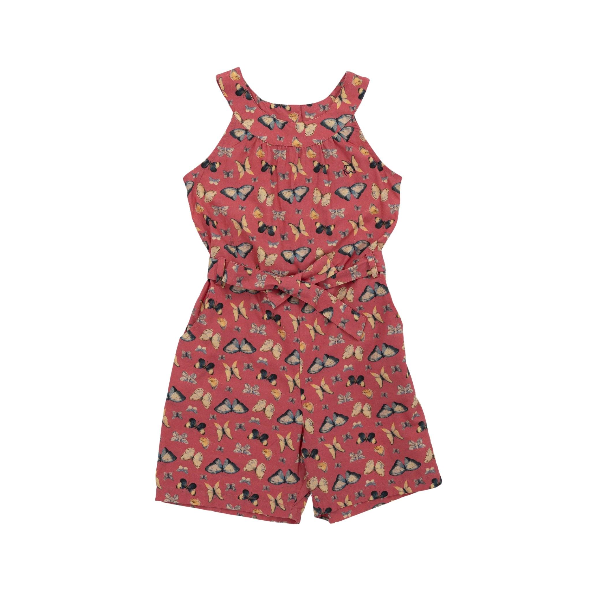 Karee's Ruby Trek Cotton Romper features a floral and butterfly print with a tie waist, sleeveless design, isolated on a white background.