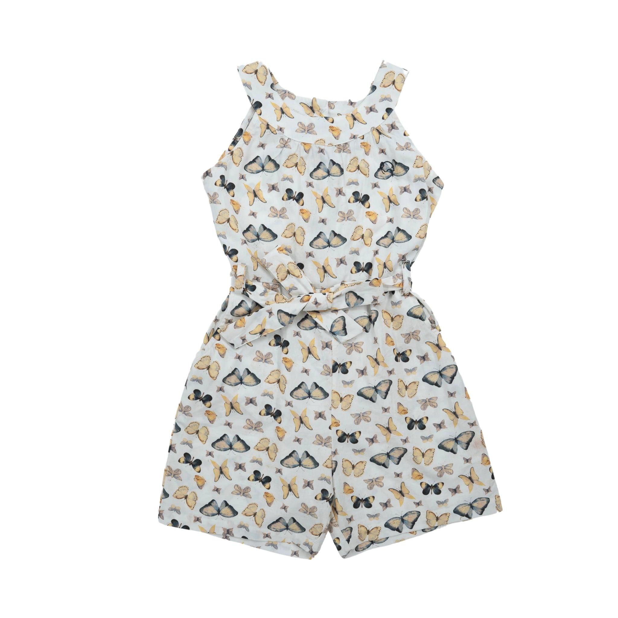 A girls' White Adventure-Ready Cotton Play Suit by Karee featuring birds for a playful adventure.