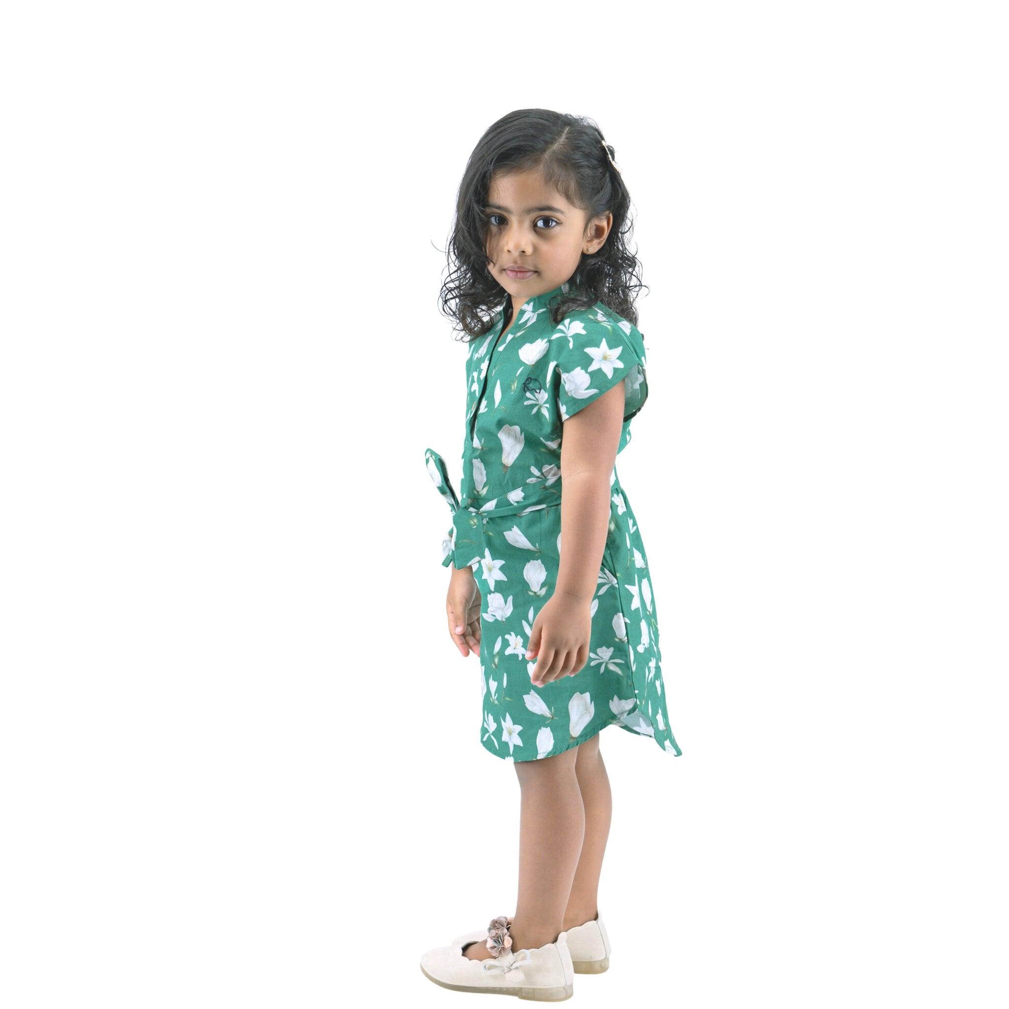 Bottle Green Lilly Blossom Cotton Shirt Dress for Kids - Karee-Designs