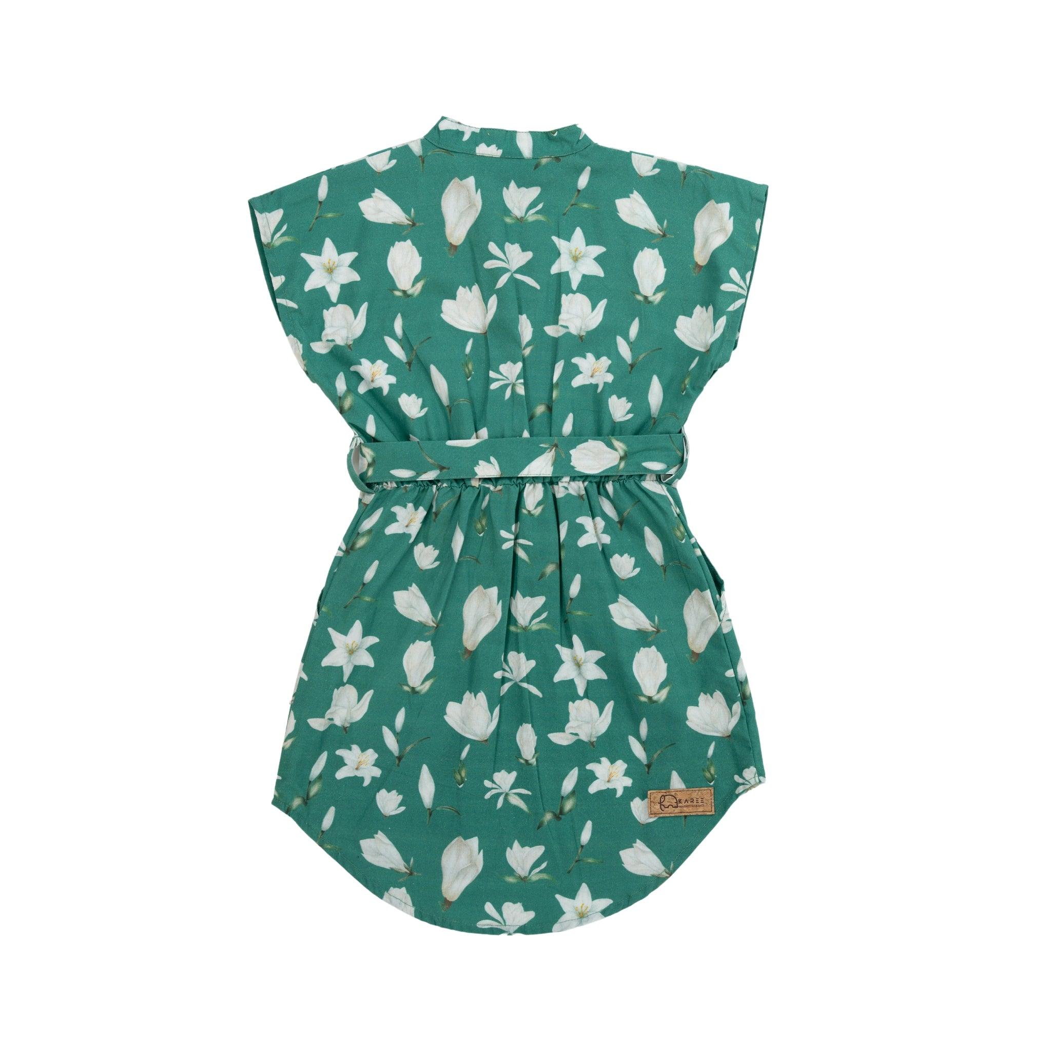 Bottle Green Lilly Blossom Cotton Shirt Dress for Kids by Karee, with short sleeves and a cinched waist, displayed against a white background.