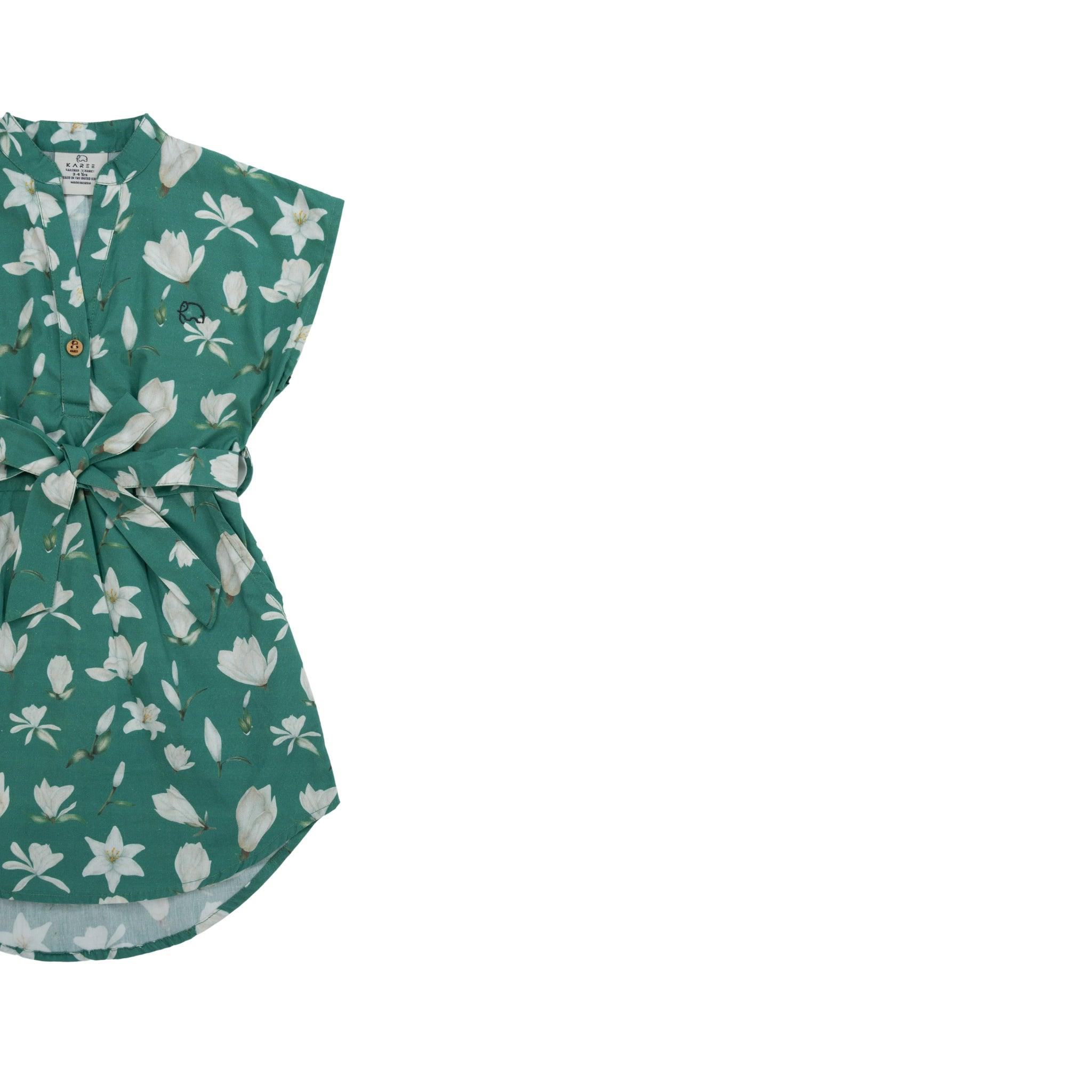 Bottle Green Lilly Blossom Cotton Shirt Dress for Kids by Karee with short sleeves and a tie waist, displayed against a white background.