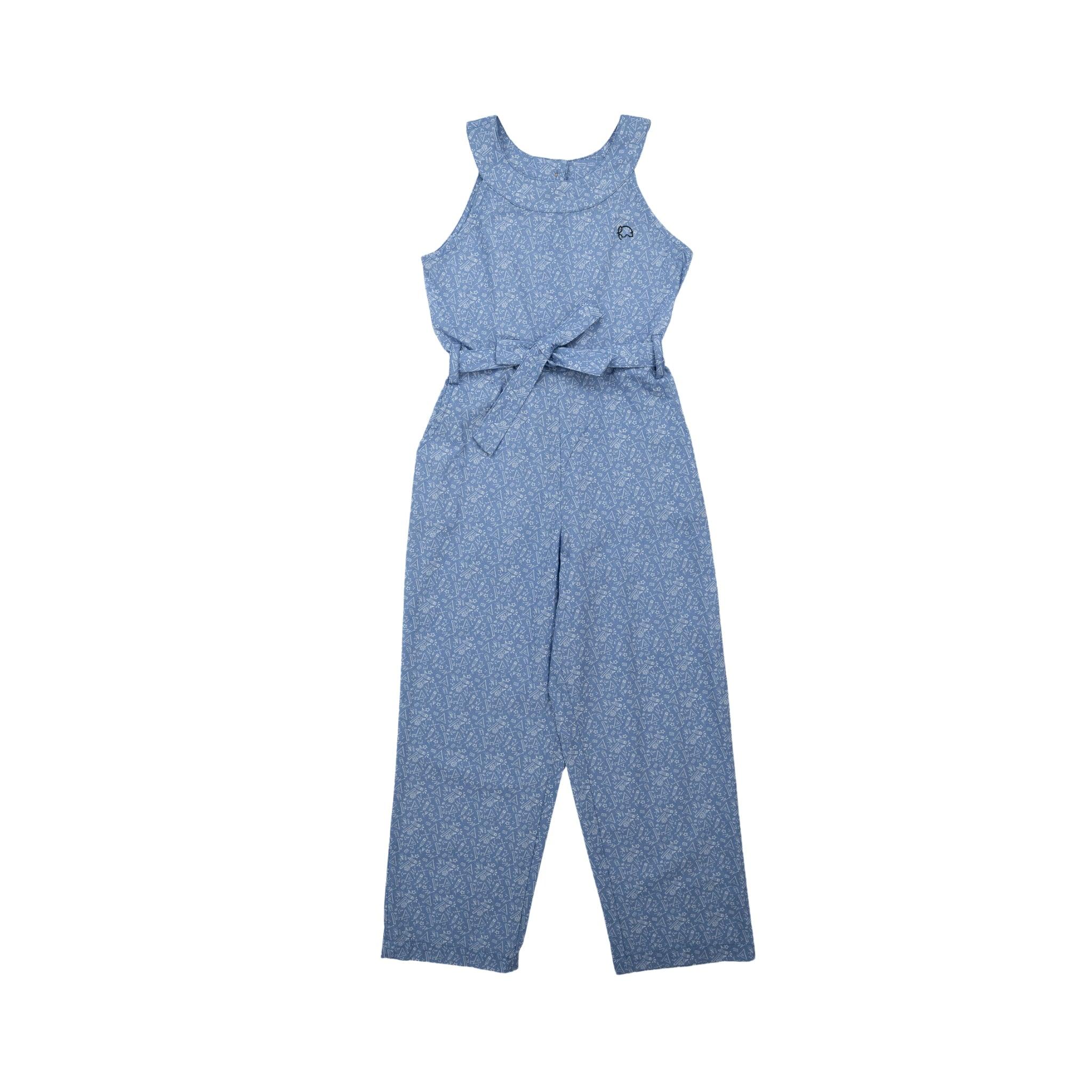 Karee's Purple Impression Cotton Jumpsuit for kids with a ruffle detail at the waist, isolated on a white background.