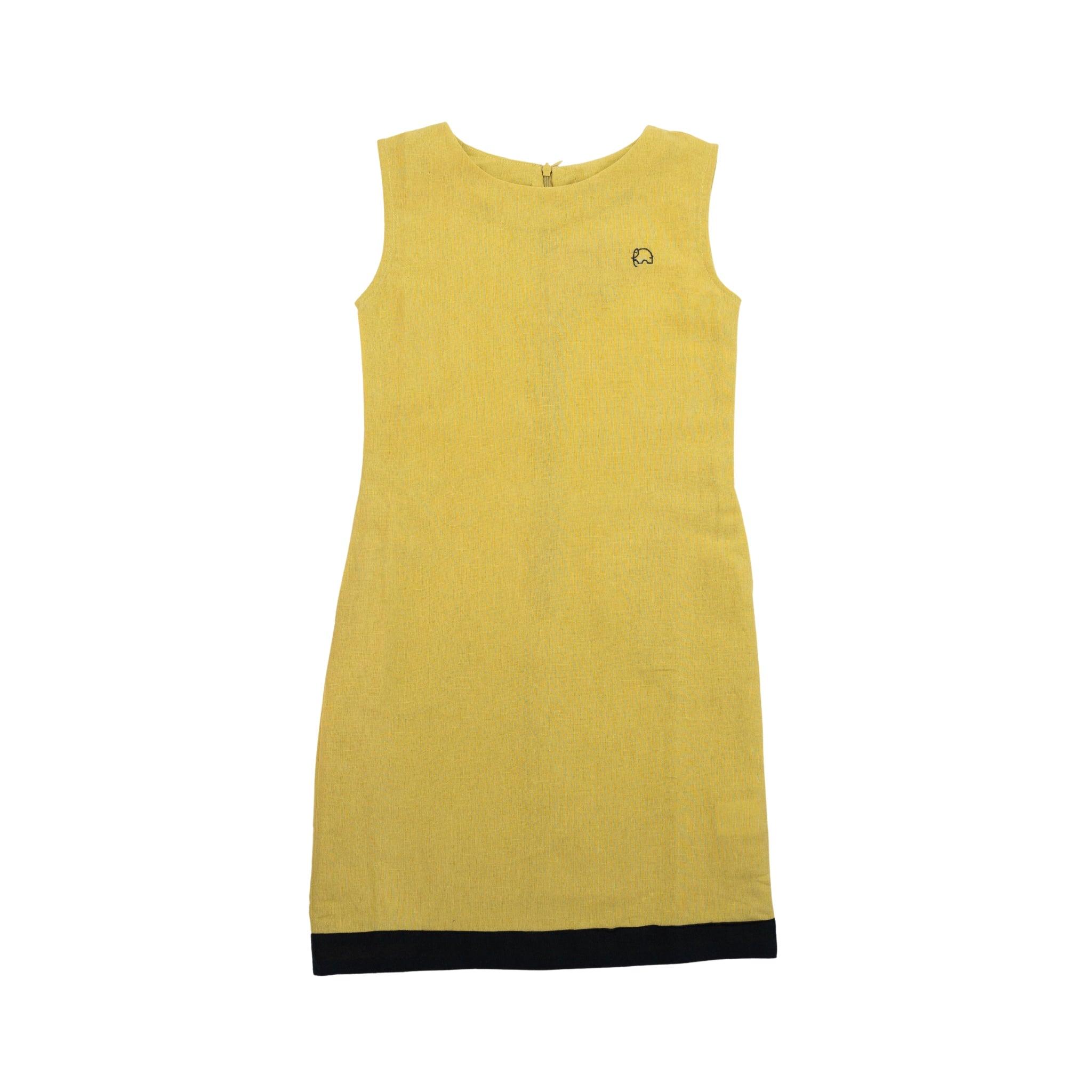 Yellow sleeveless Linen Cotton Round Neck Frock for Kids in Cream Gold by Karee, displayed against a white background.