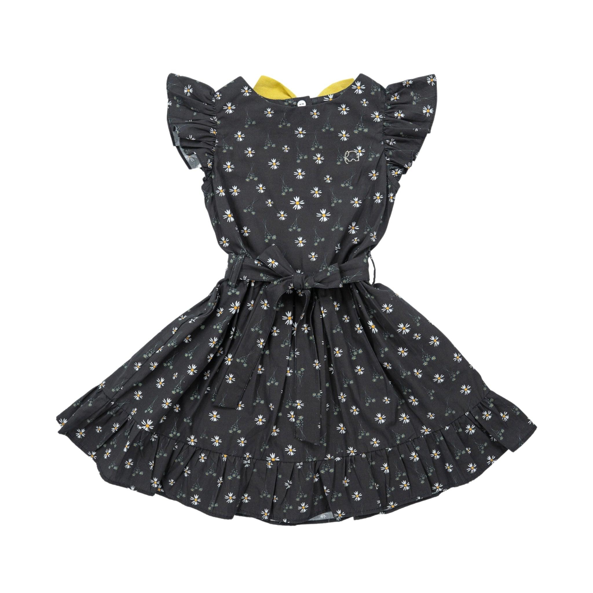 A Petite Blossom Black Cotton Dress by Karee with ruffled sleeves, a belted waist, and a flared skirt, displayed against a white background.