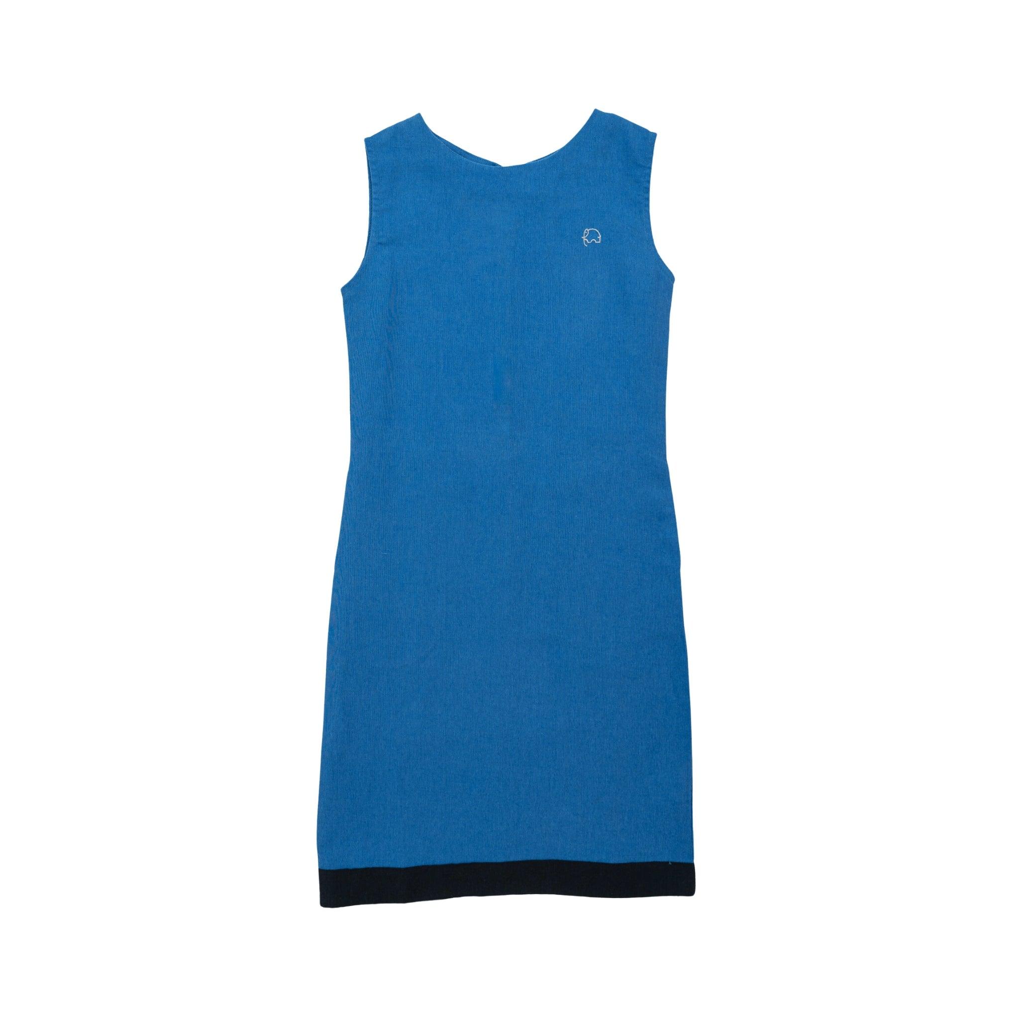 A Karee Linen Cotton Round Neck Frock for Kids with a darker blue trim at the hem, displayed against a white background.