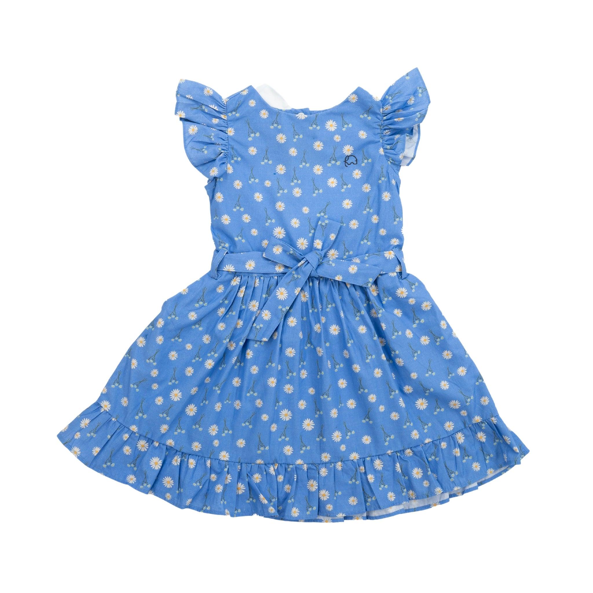 Karee Petite Blossom Cotton Dress in Corn Flour Blue with ruffled sleeves and a bow at the waist, displayed against a white background.