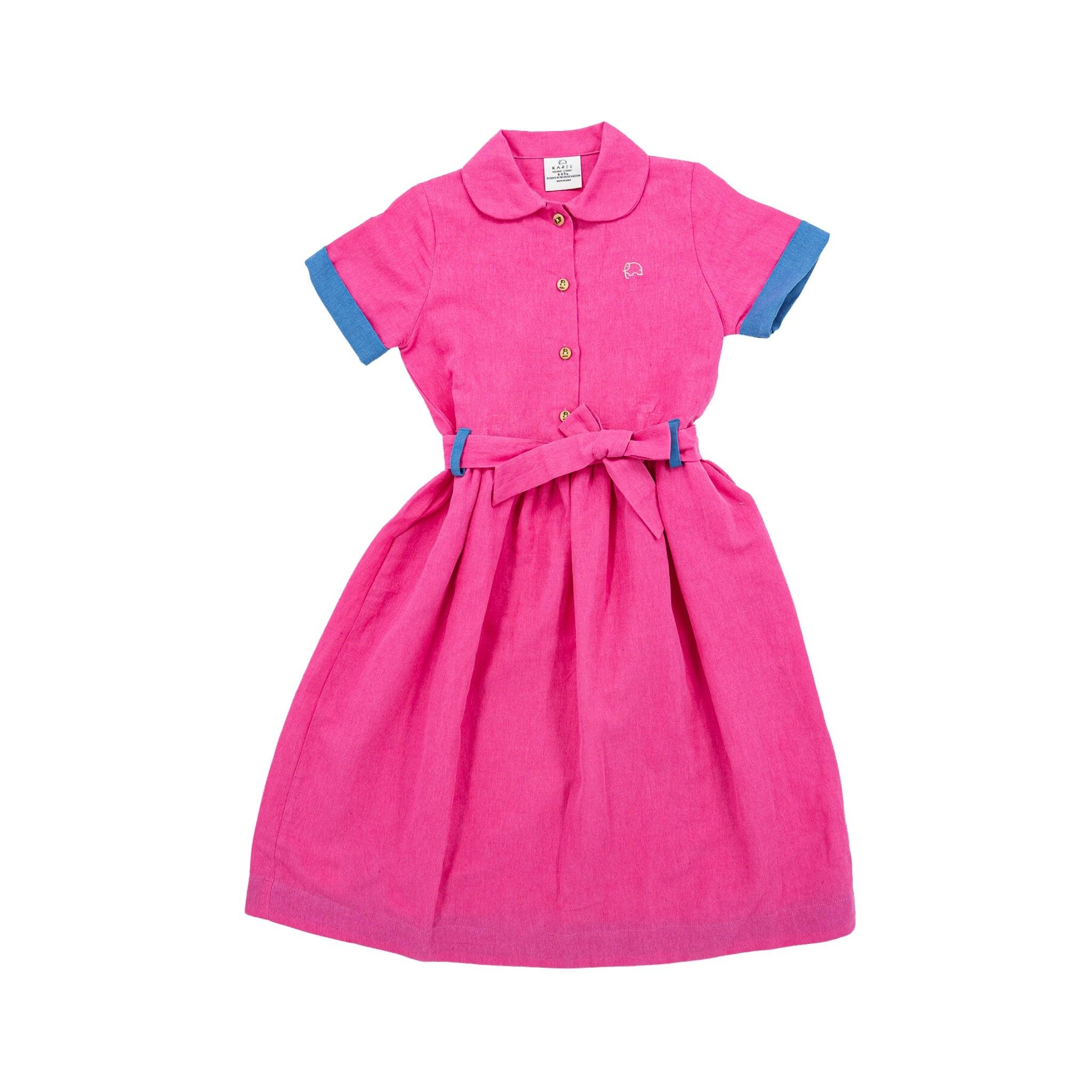 Fuchsia Purple Linen Dress for Girls by Karee, with short sleeves, blue trim, and a waist tie, displayed against a white background.