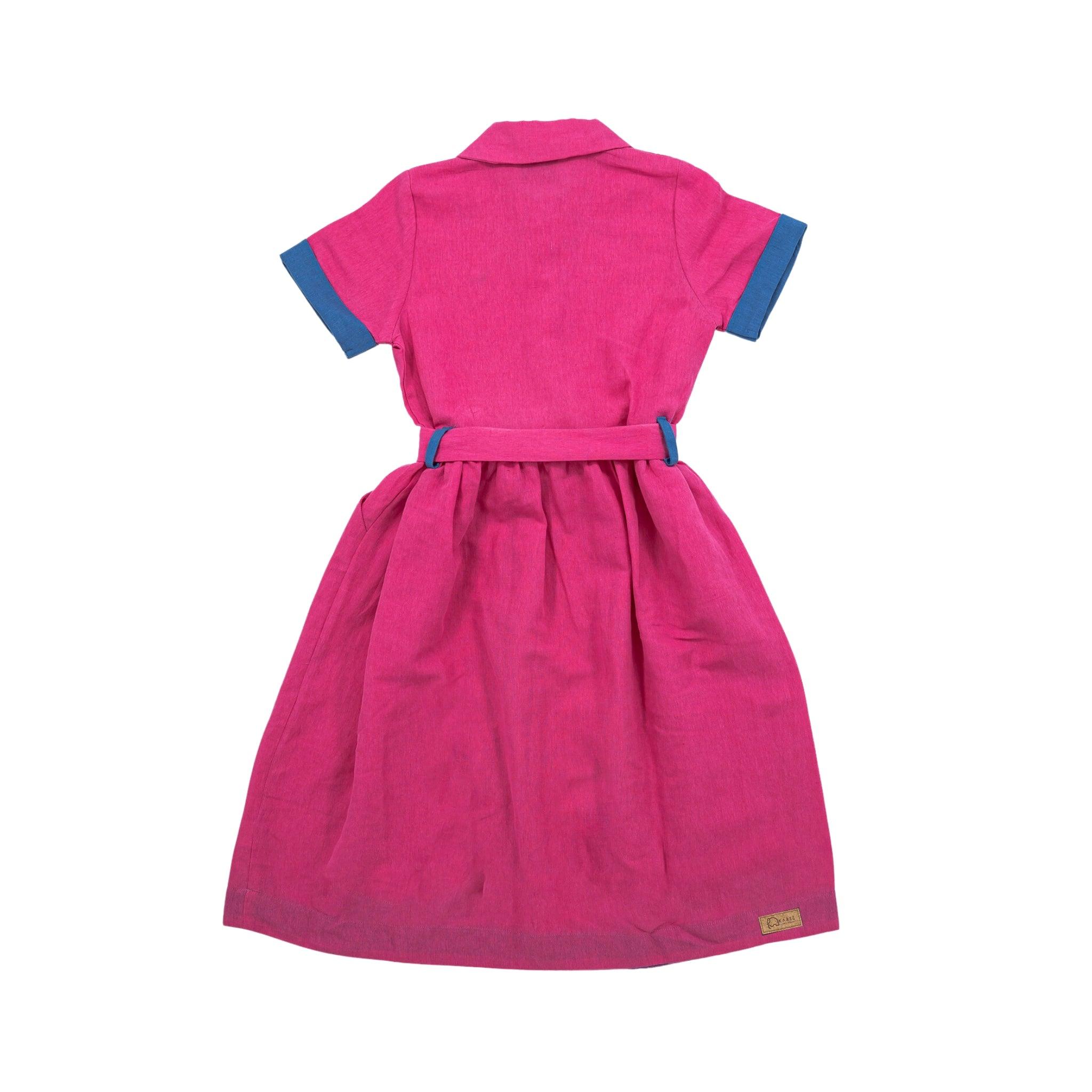 Karee's Fuchsia Purple Linen Dress for Girls with blue cuffs and belt, displayed on a white background.