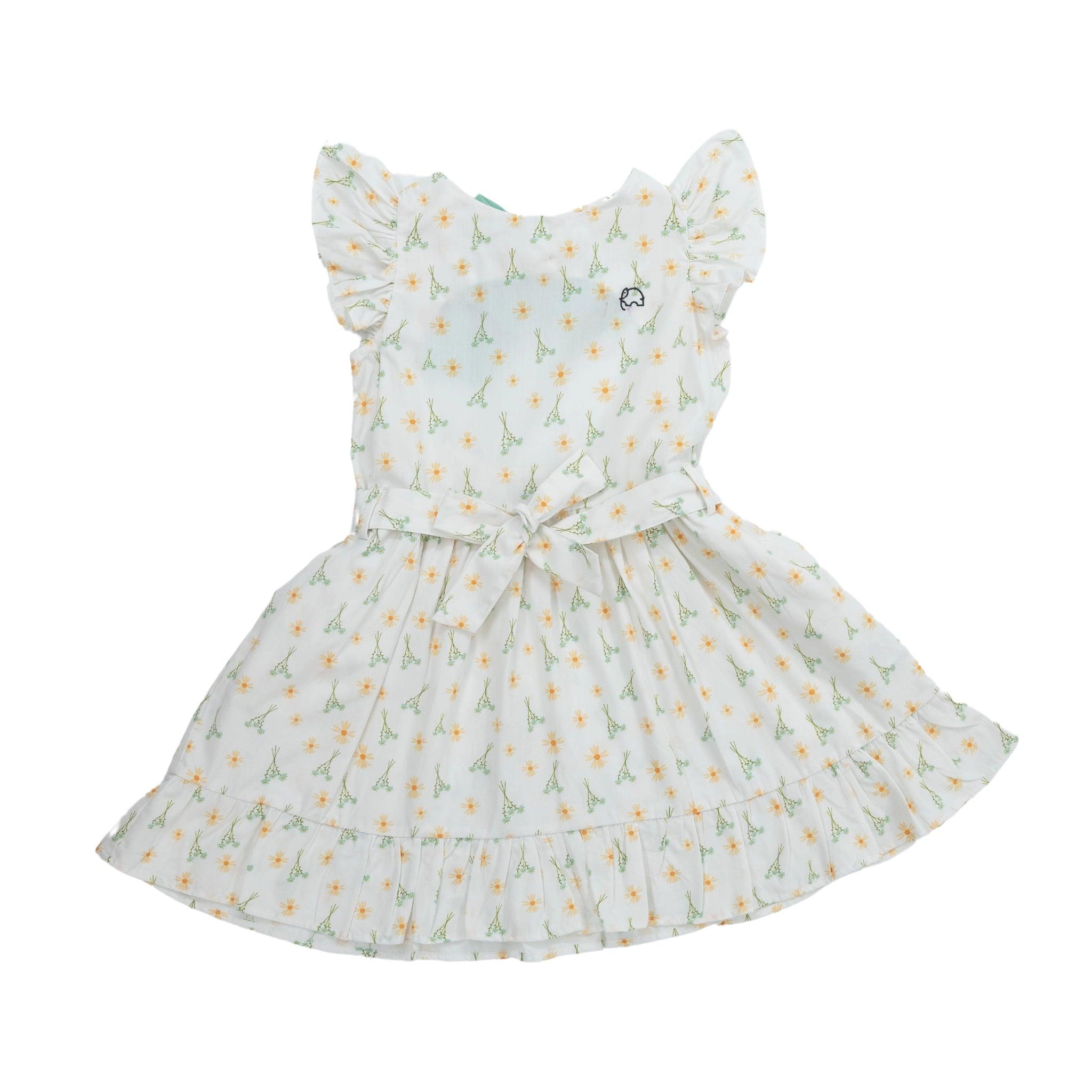 A light gray toddler's dress with a floral and butterfly print, crafted from high-quality cotton, featuring ruffled sleeves and a flared skirt, isolated on a white background. This is the Karee Petite Blossom Cotton Dress in Smoked Pearl.