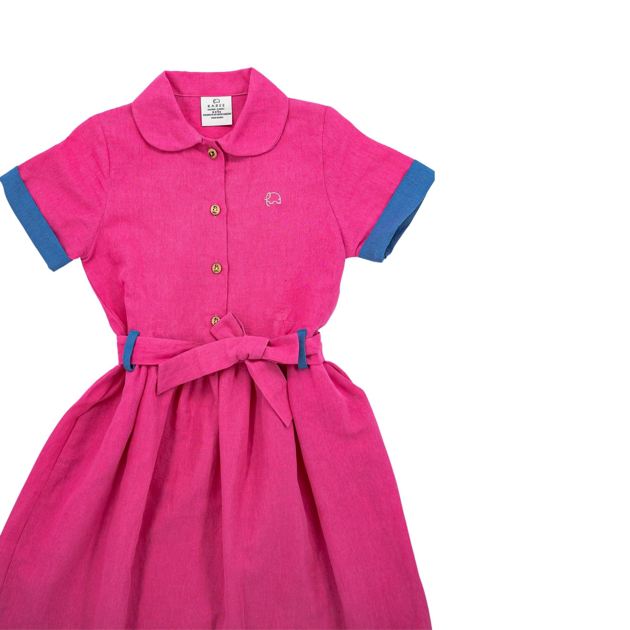 Bright Fuchsia Purple Linen Dress for Girls by Karee, with blue collar and sleeves, front buttons, and waist belt, displayed against a white background.