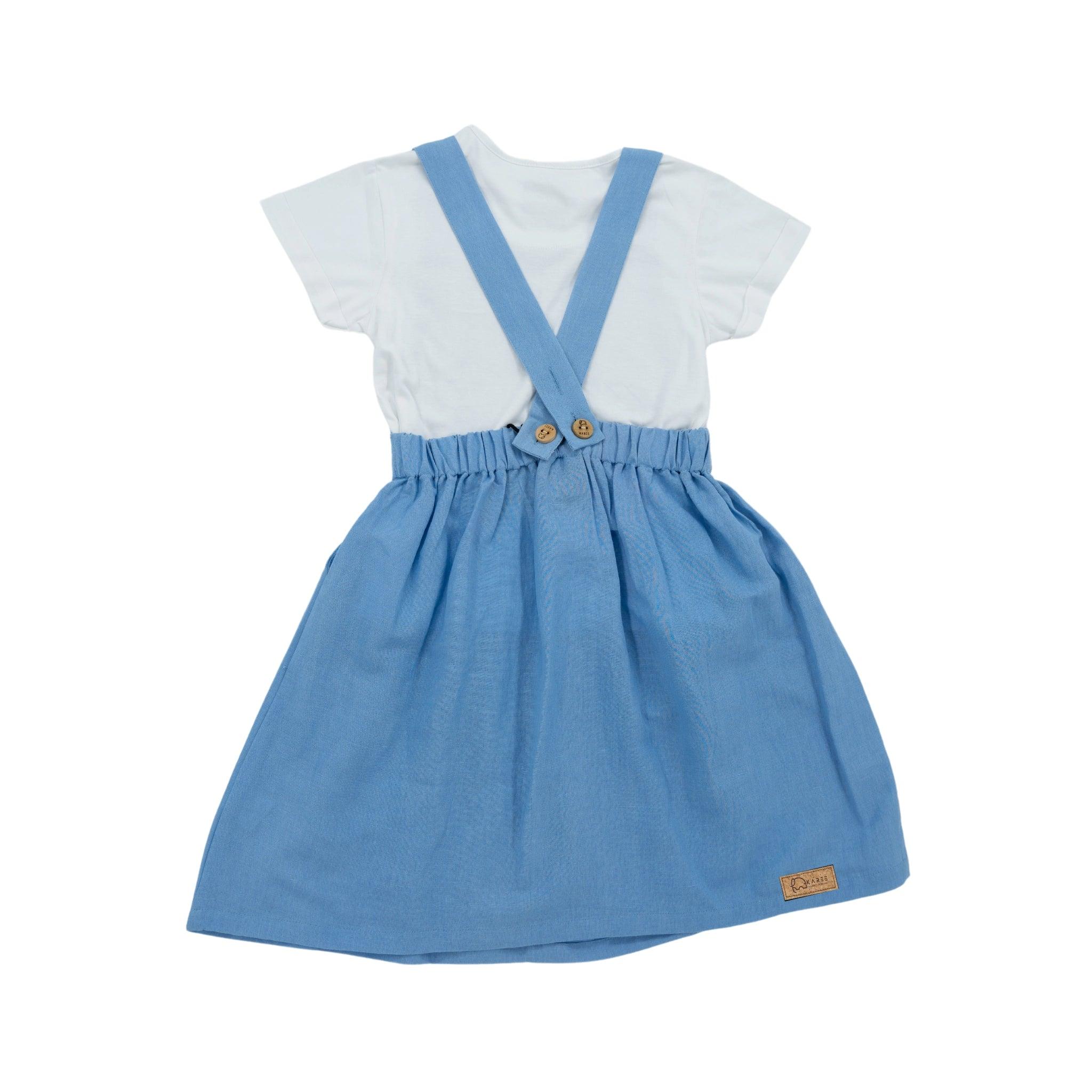 A toddler's Cerulean Blue Linen Pinafore dress with suspenders by Karee, displayed against a white background.
