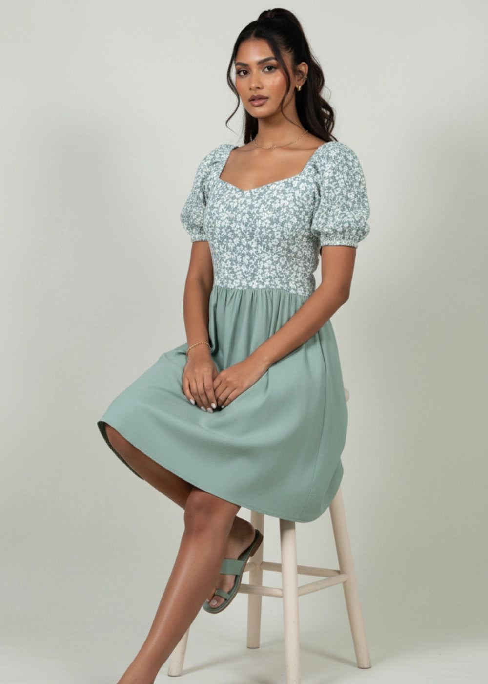 Sirocco Blooms Green Fit & Flare Cotton-Linen Dress