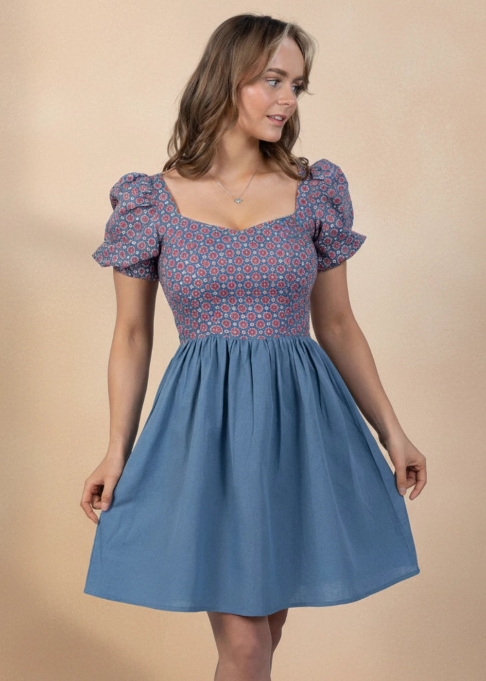 Roman Elegance Fit & Flare Blue Printed Cotton-Linen Dress