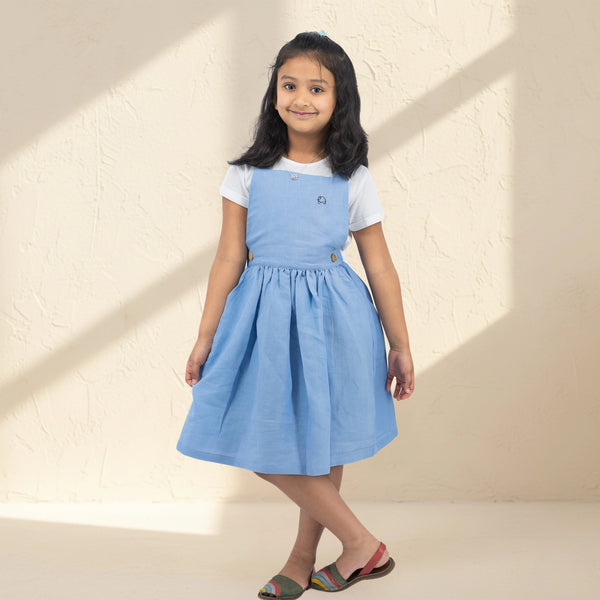 Cerulean Blue Linen Cotton Pinafore for Girls | Karee Sustainable Kidswear