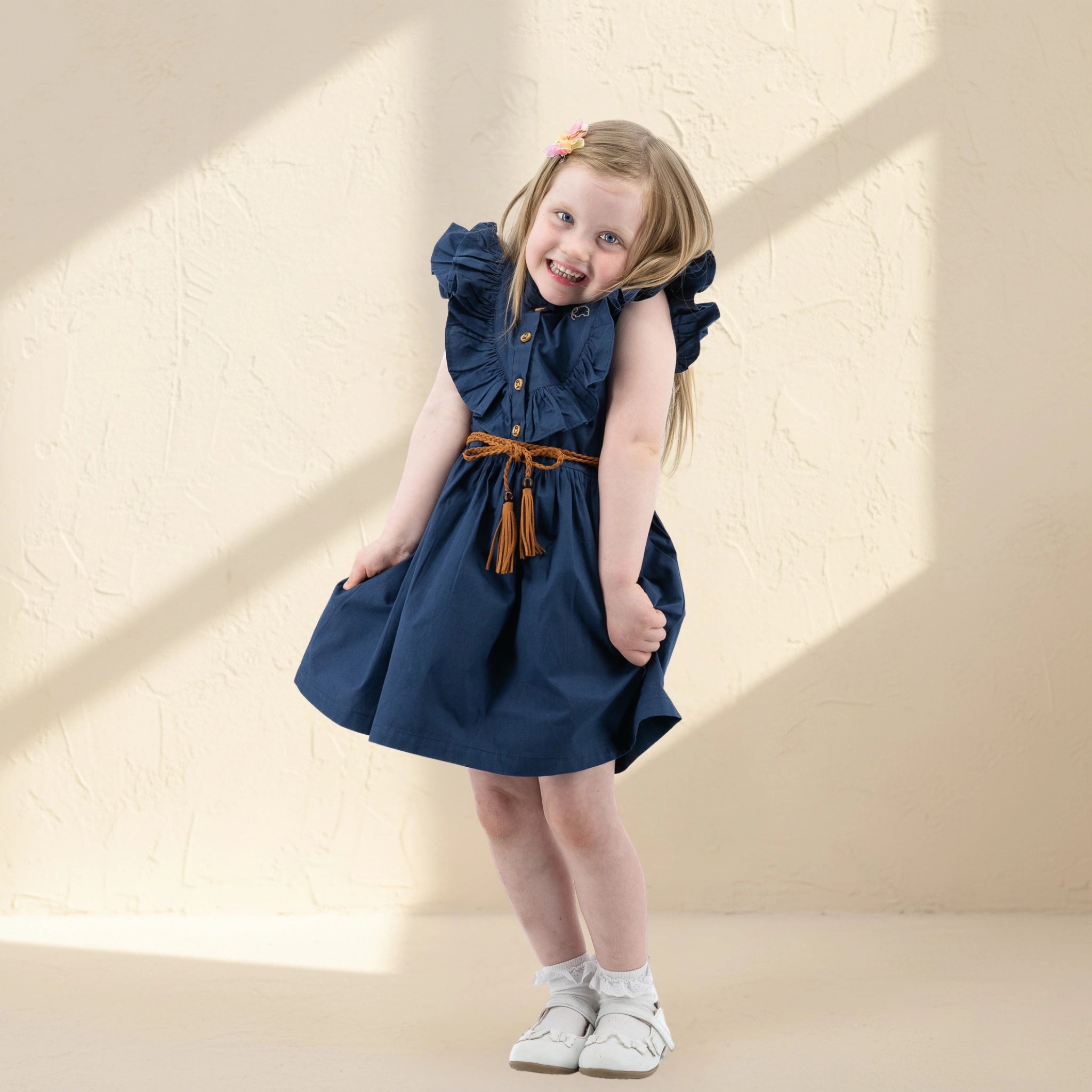 Navy Blue Butterfly Sleeve Cotton Dress for Girls | Karee Limited Edition Kids Karee