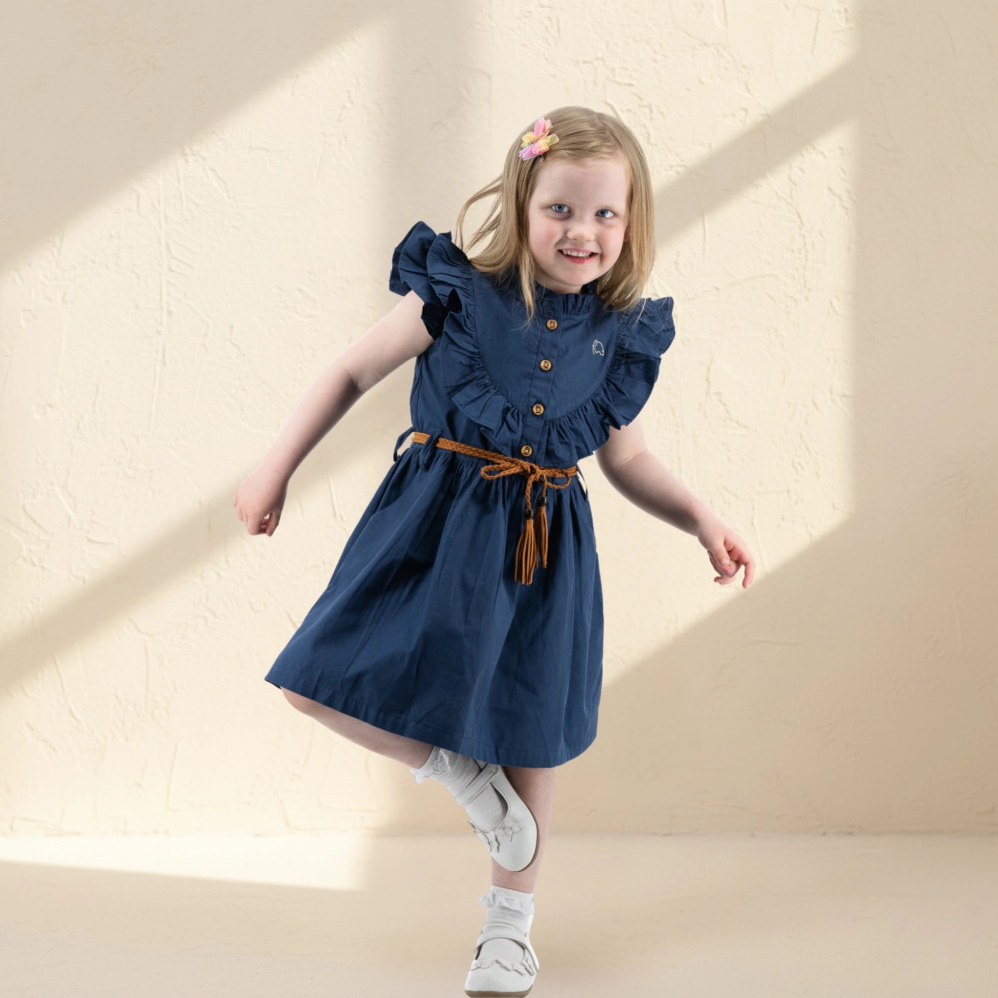 Navy Blue Butterfly Sleeve Cotton Dress for Girls | Karee Limited Edition Kids Karee