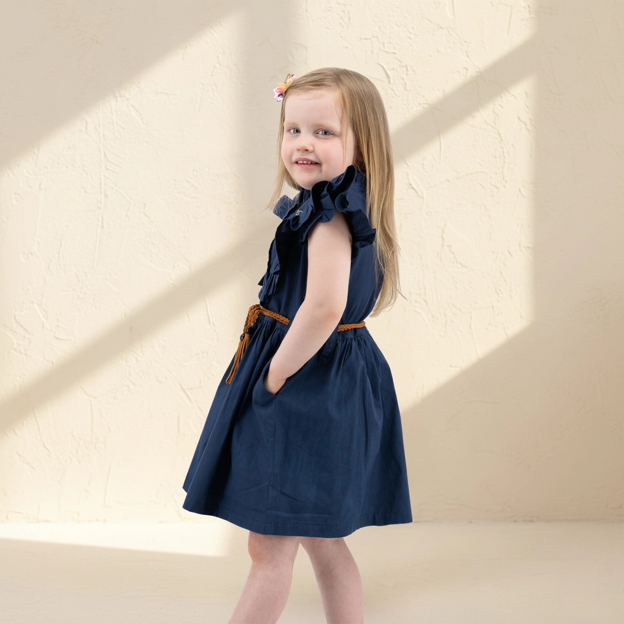 Navy Blue Butterfly Sleeve Cotton Dress for Girls | Karee Limited Edition Kids Karee