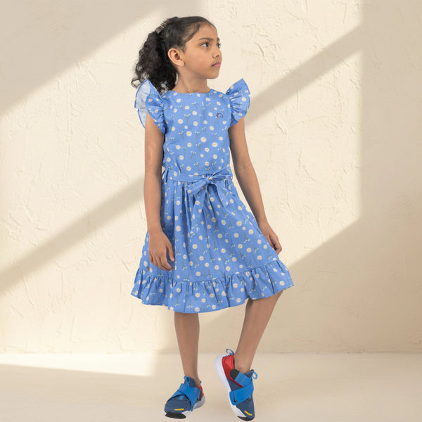 Corn Flour Blue Cotton Dress for Girls | Karee Sustainable Kidswear