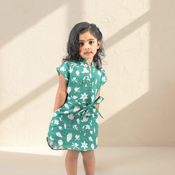 Bottle Green Cotton Shirt Dress for Girls | Karee Sustainable Kidswear