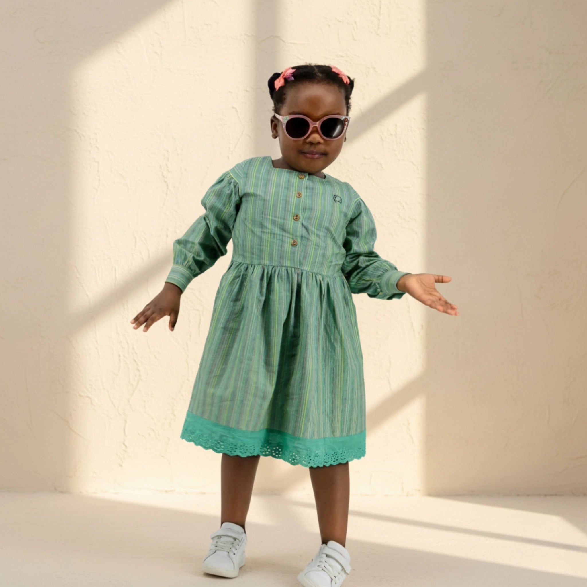 Green Striped Puff Sleeve Cotton Dress for Girls | Karee Sustainable Kidswear Age 6-7 Kids Karee