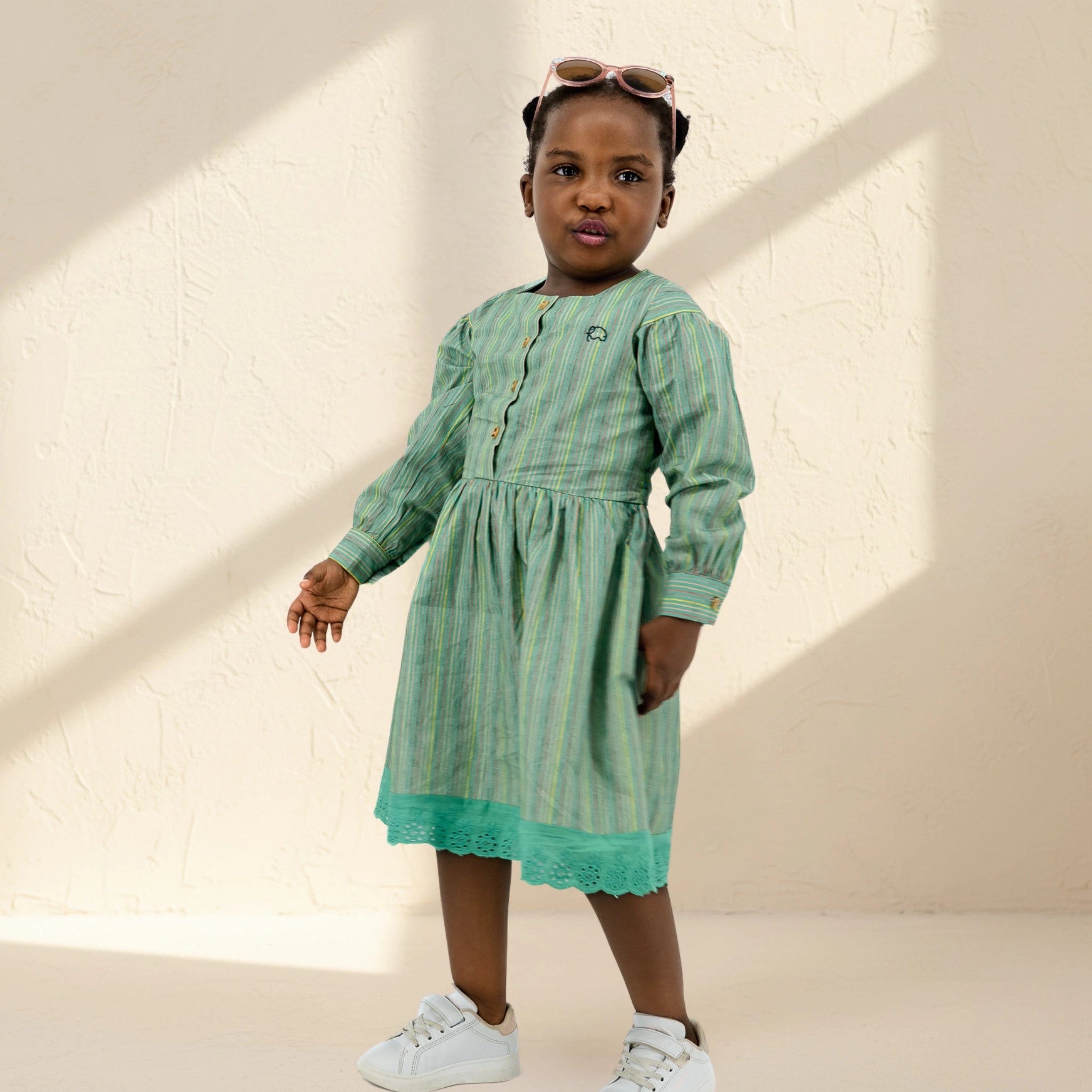 Green Striped Puff Sleeve Cotton Dress for Girls | Karee Sustainable Kidswear Kids Karee