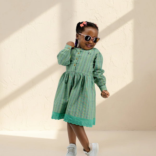 Green Striped Puff Sleeve Cotton Dress for Girls | Karee Sustainable Kidswear