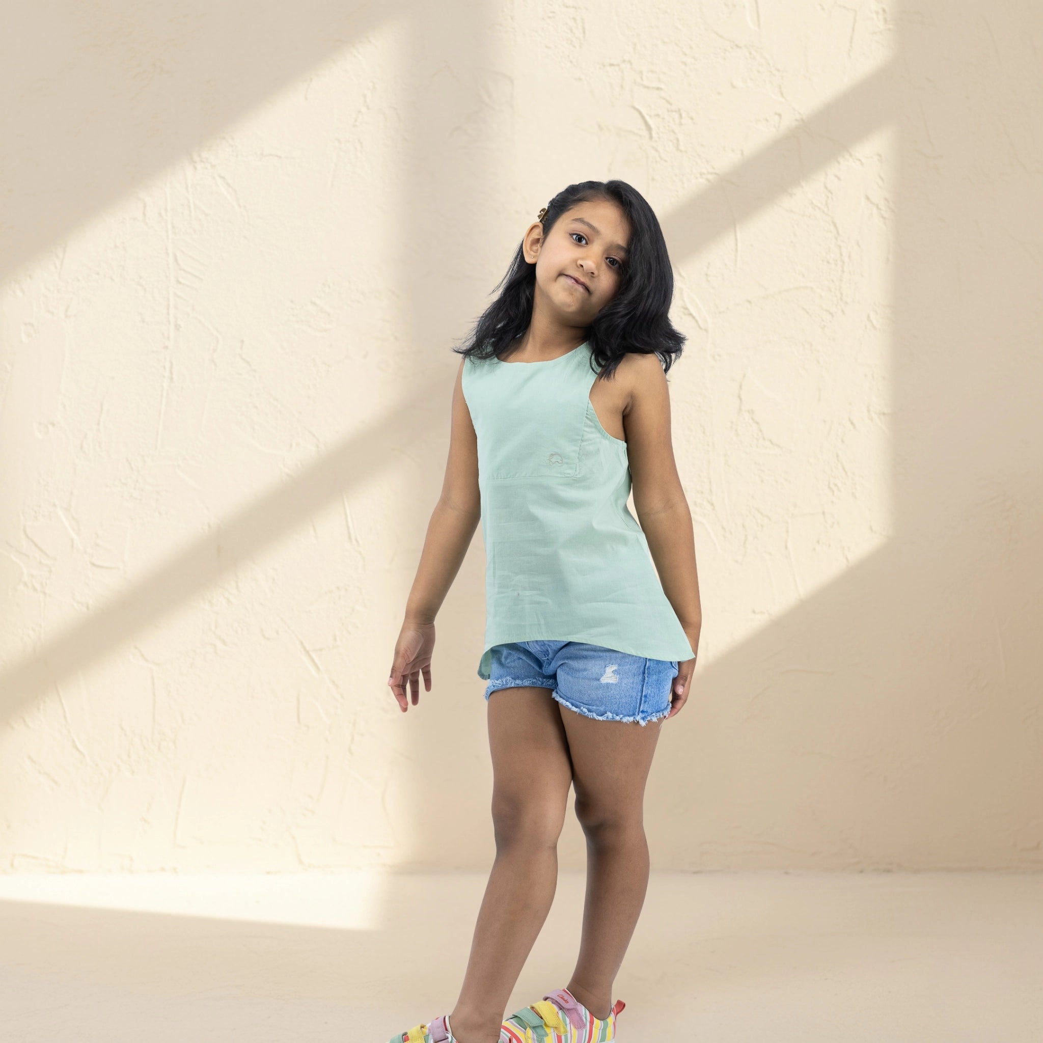 Smoke Green Cotton Bib Neck Top for Girls | Karee Sustainable Kidswear Kids Karee