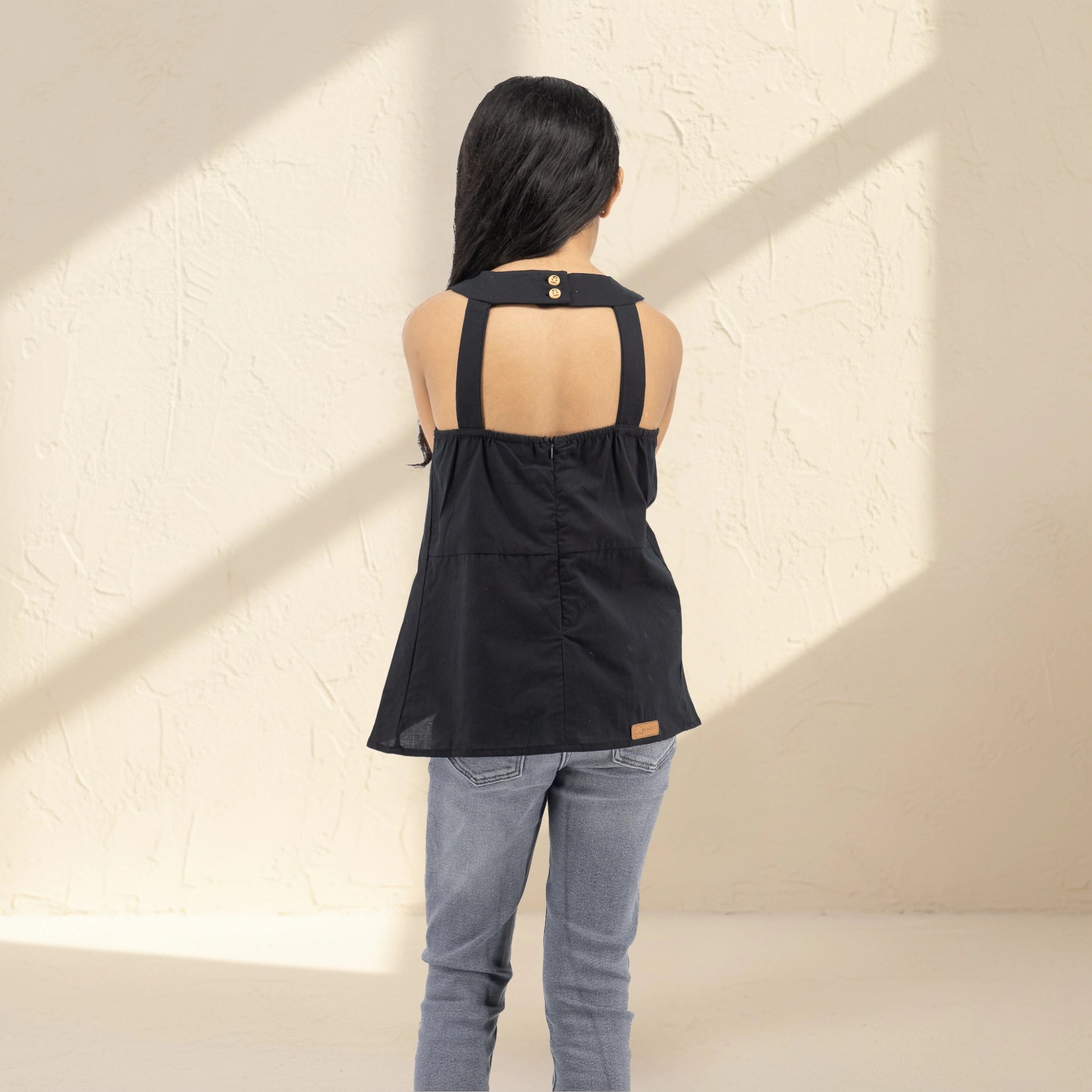 Black Cotton Bib Neck Top for Girls | Karee Sustainable Kidswear Kids Karee