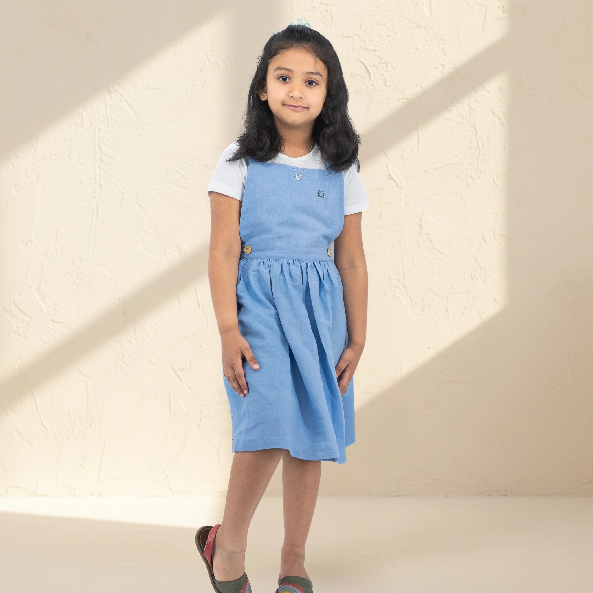 Cerulean Blue Linen Cotton Pinafore for Girls | Karee Sustainable Kidswear Kids Karee
