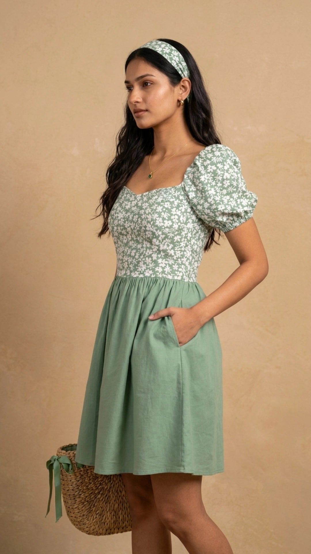 Green Floral Fit and Flare Cotton Linen Dress for Women India | Karee Women Karee