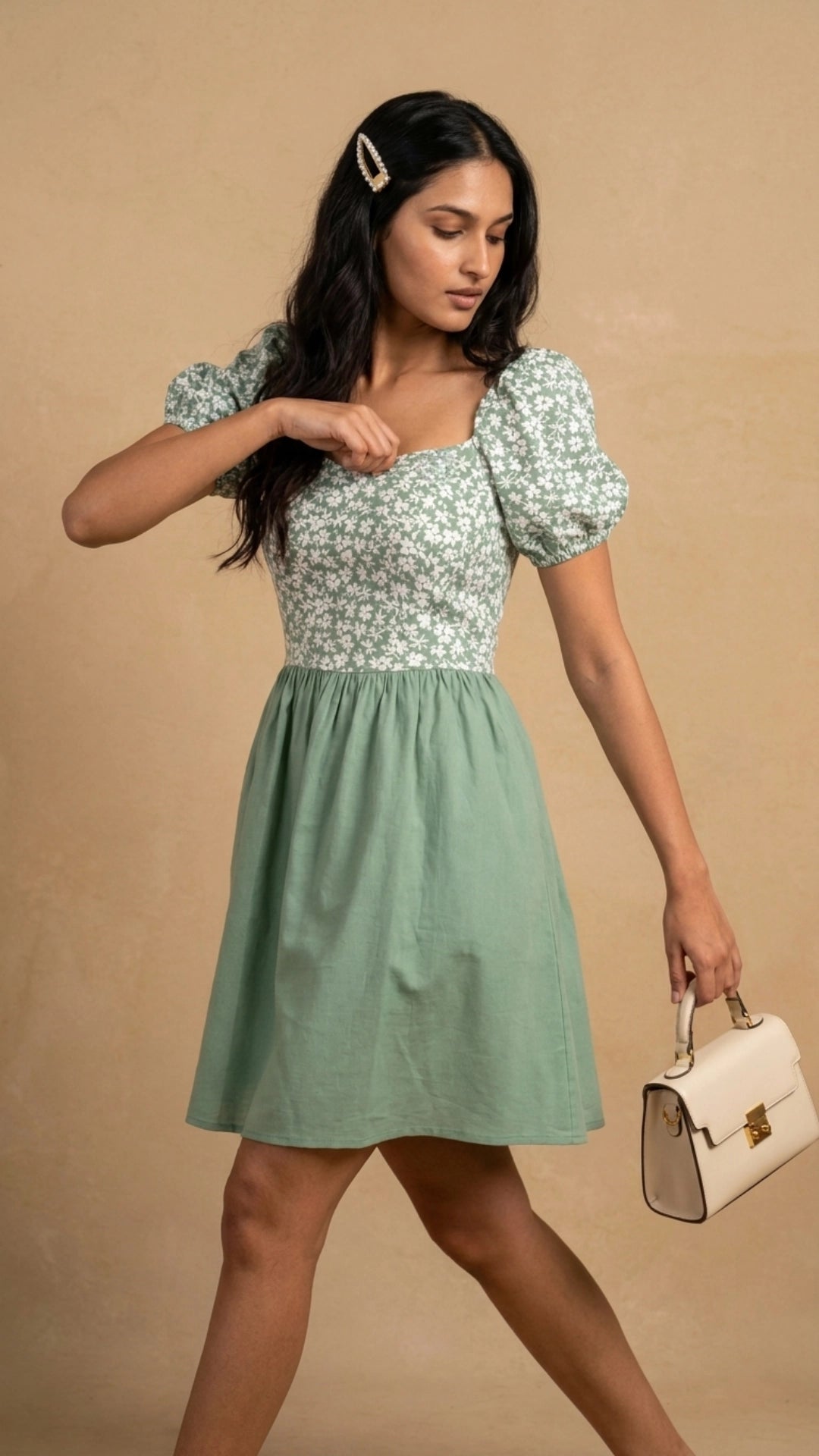 Green Floral Fit and Flare Cotton Linen Dress for Women India | Karee Women Karee